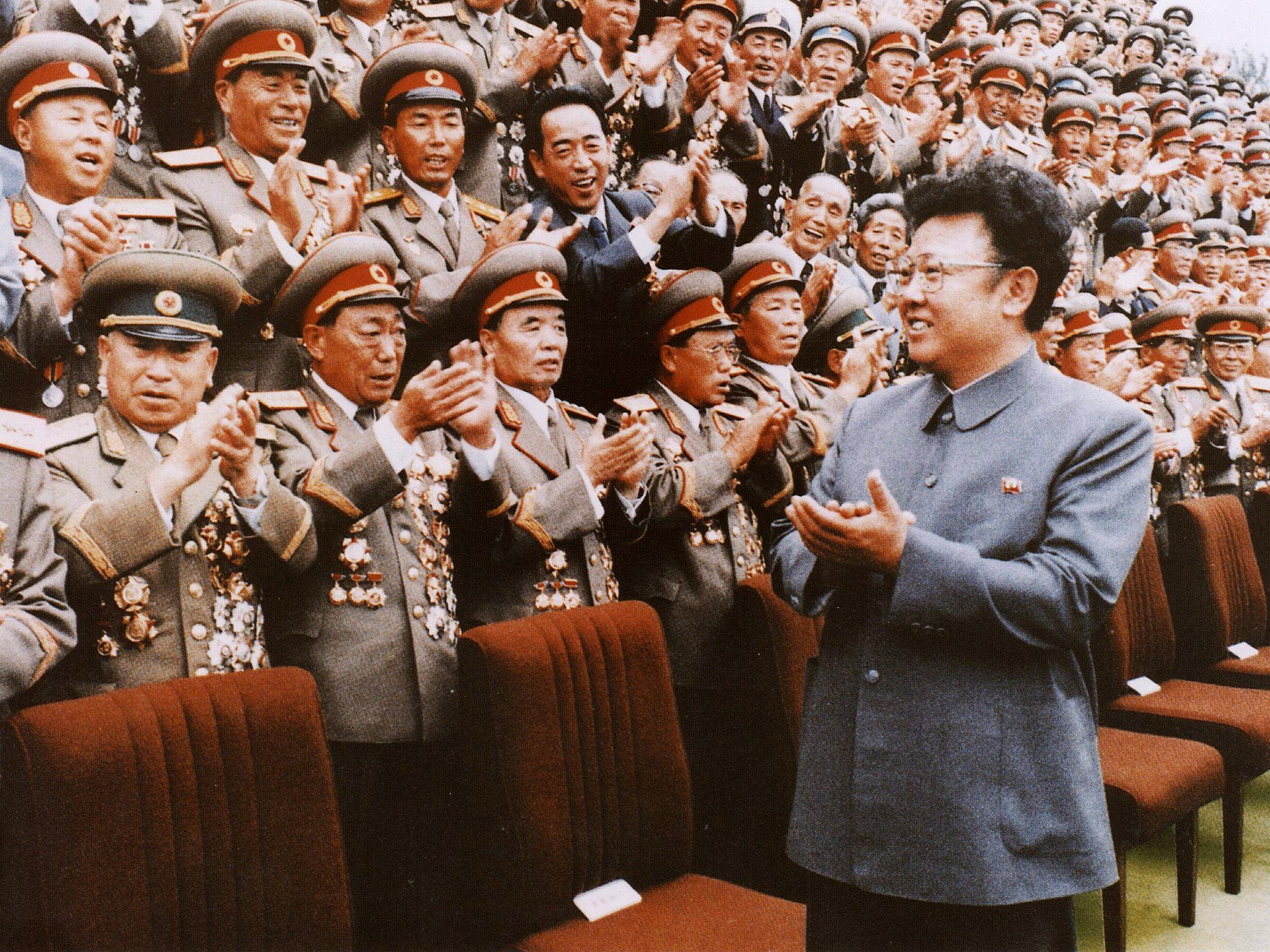 North Korean leader Kim Jong-Il meets the Korean People's Army personnel in September 1988