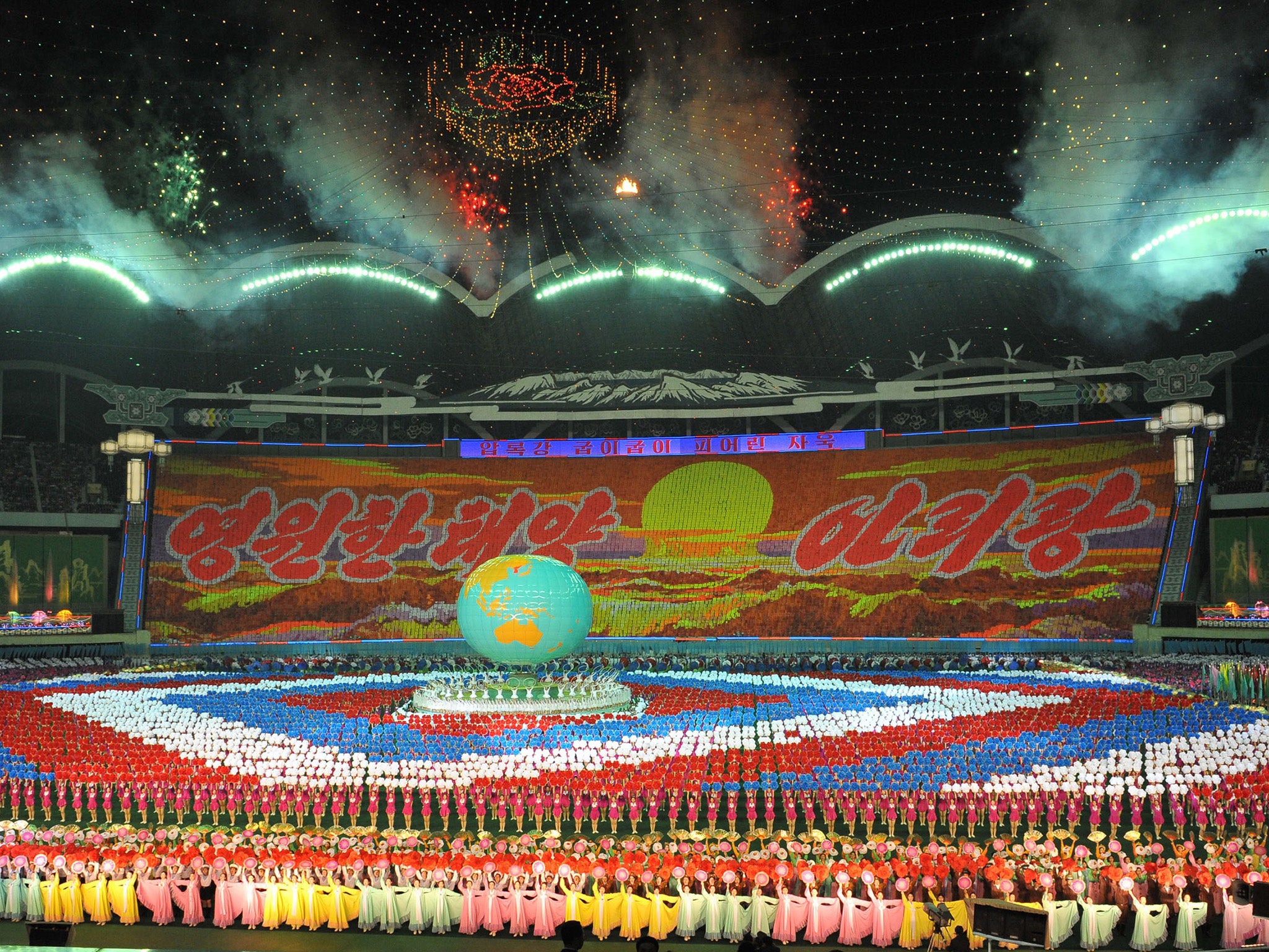 Students perform North Korea's biggest spectacle called the Arirang at the May Day stadium