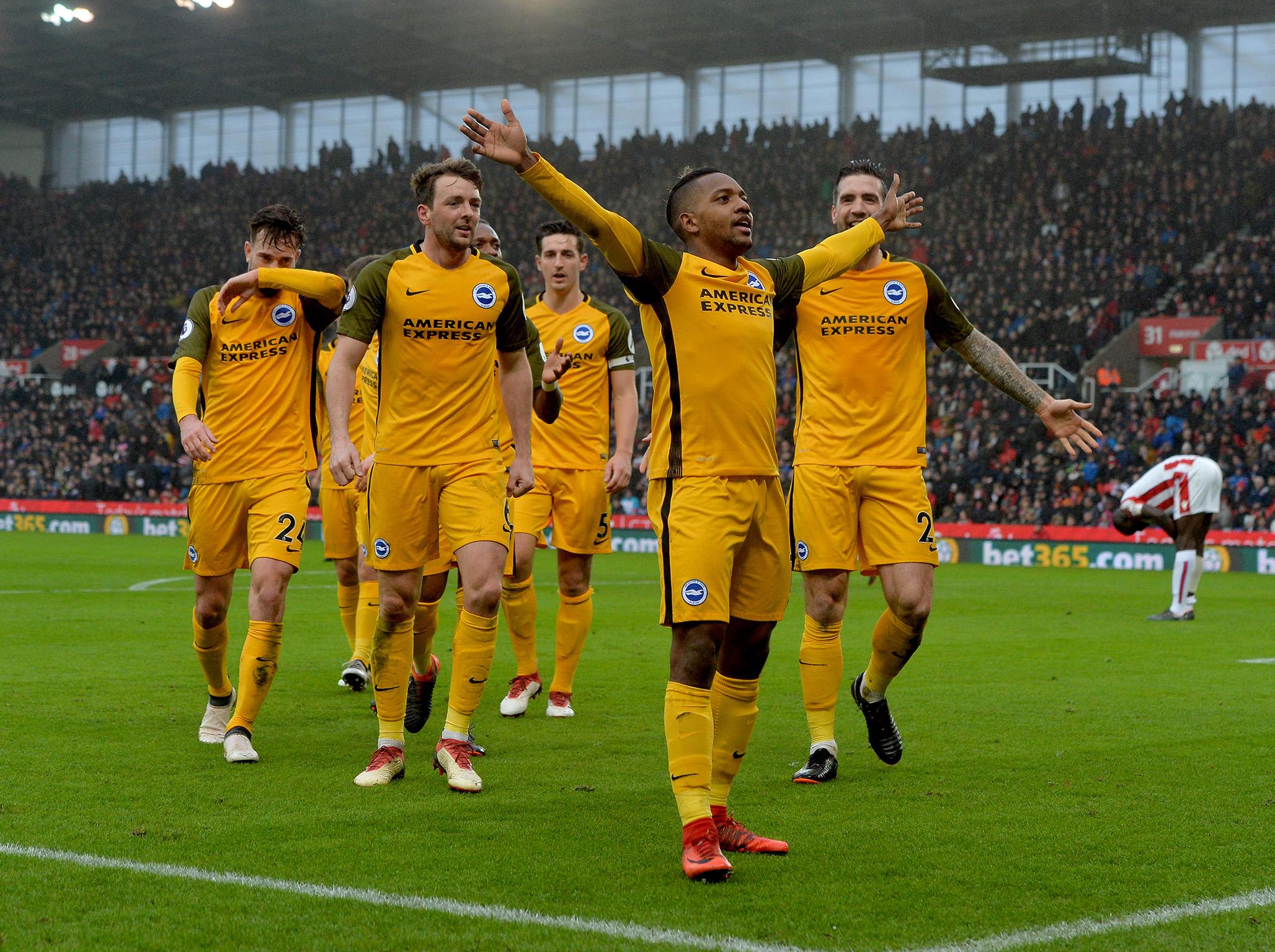 Jose Izquierdo celebrates Brighton's opener at Stoke