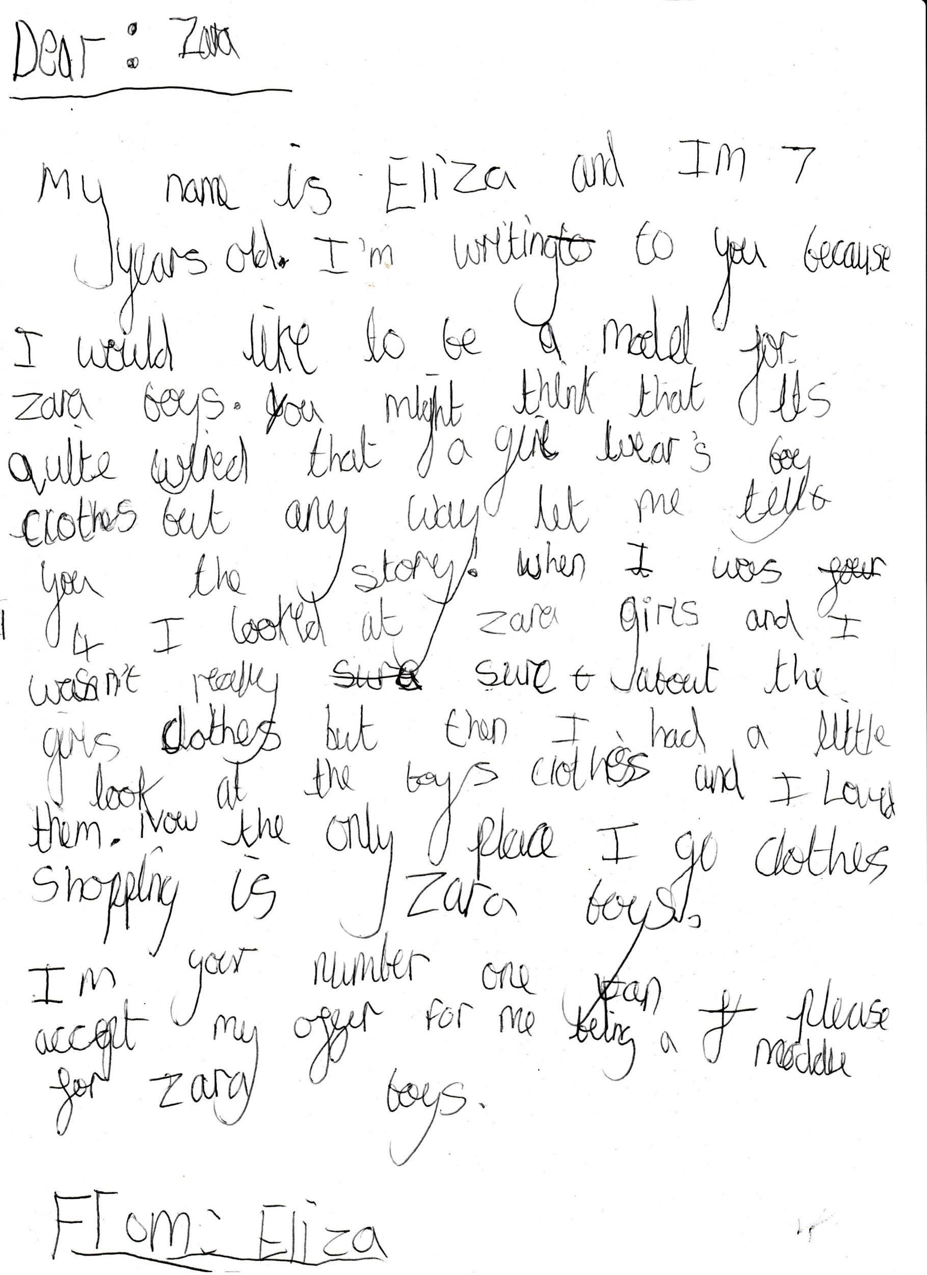 The young girl wrote a letter to Zara asking to model their boy's clothes