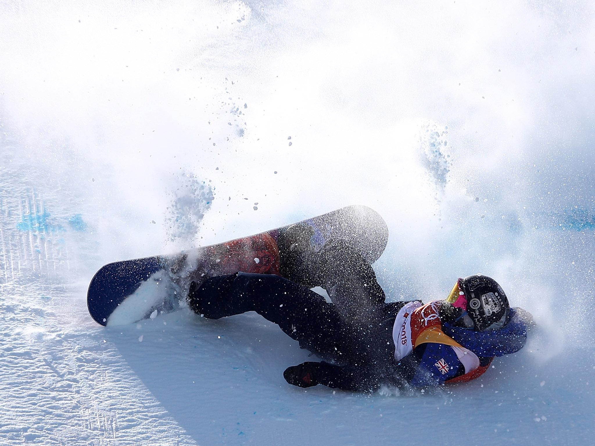 Aimee Fuller of Great Britain crashes in the Snowboard Ladies' Slopestyle Final