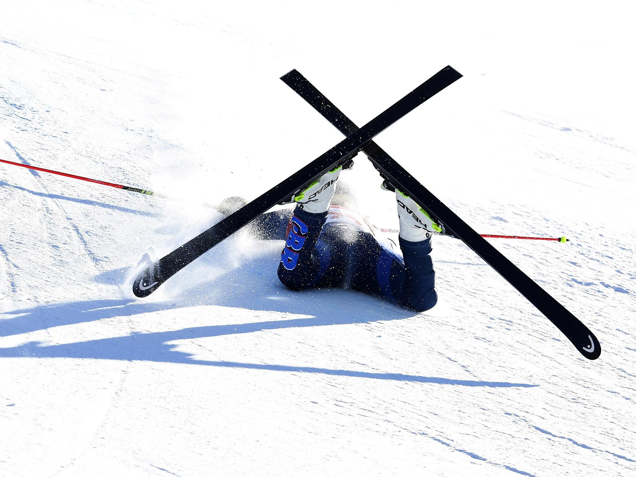 Britain's Alex Tilley crashes during the Women's Giant Slalom 1st run