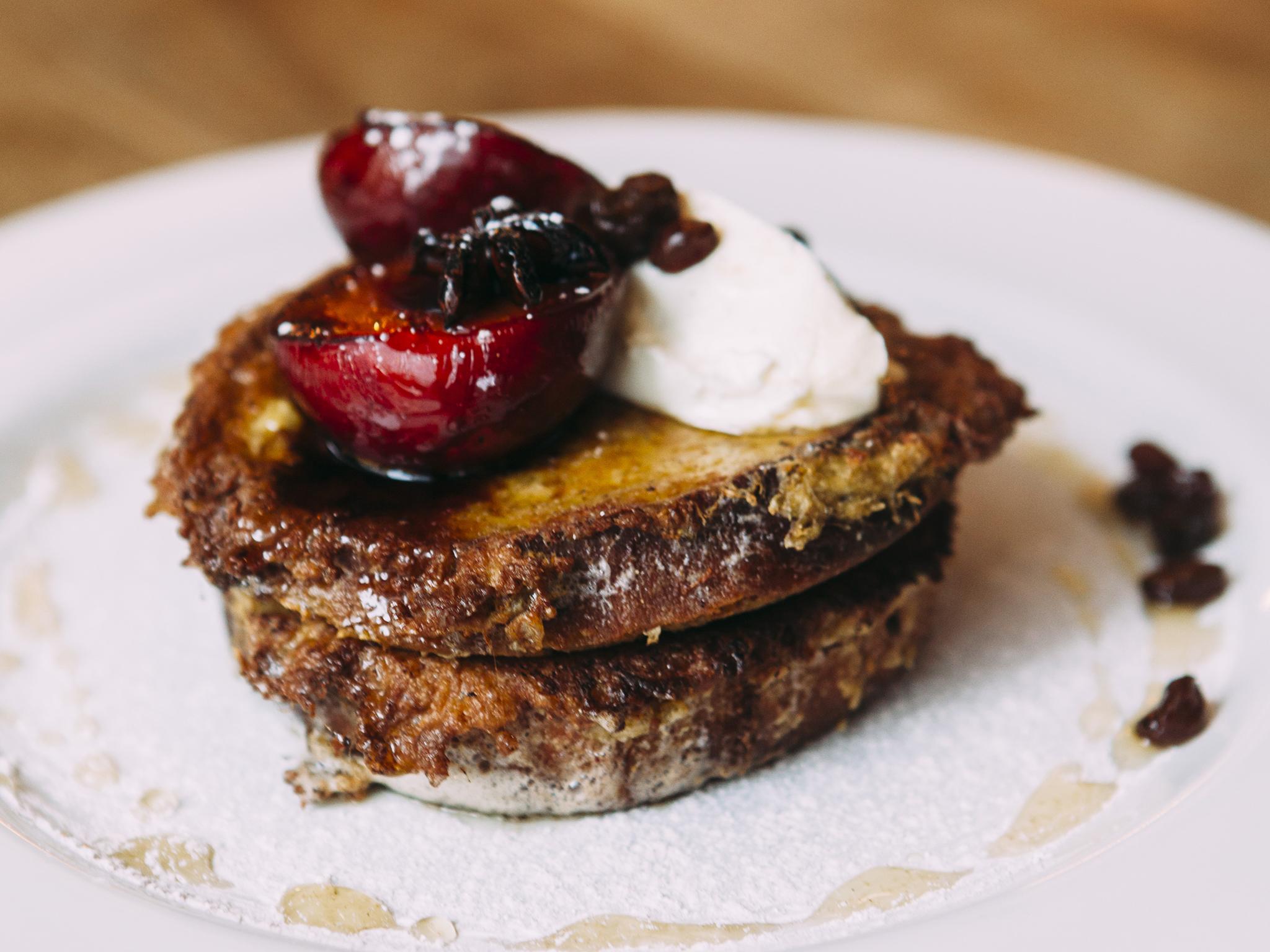 Sweet tooths will enjoy the caramelised plum-topped French toast, or the waffle and pancake section