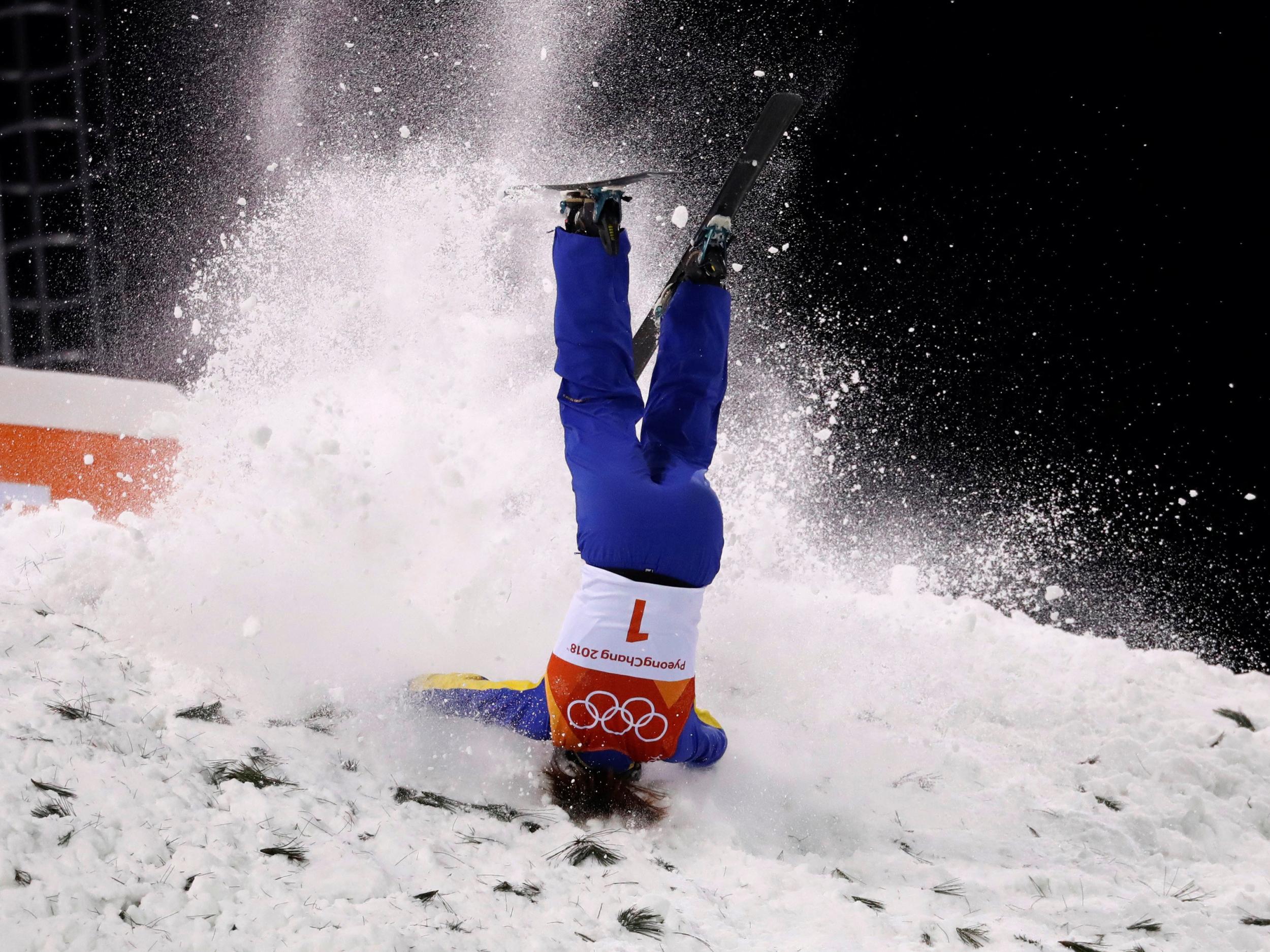Xu Mengtao of China crashes in the freestyle skiing