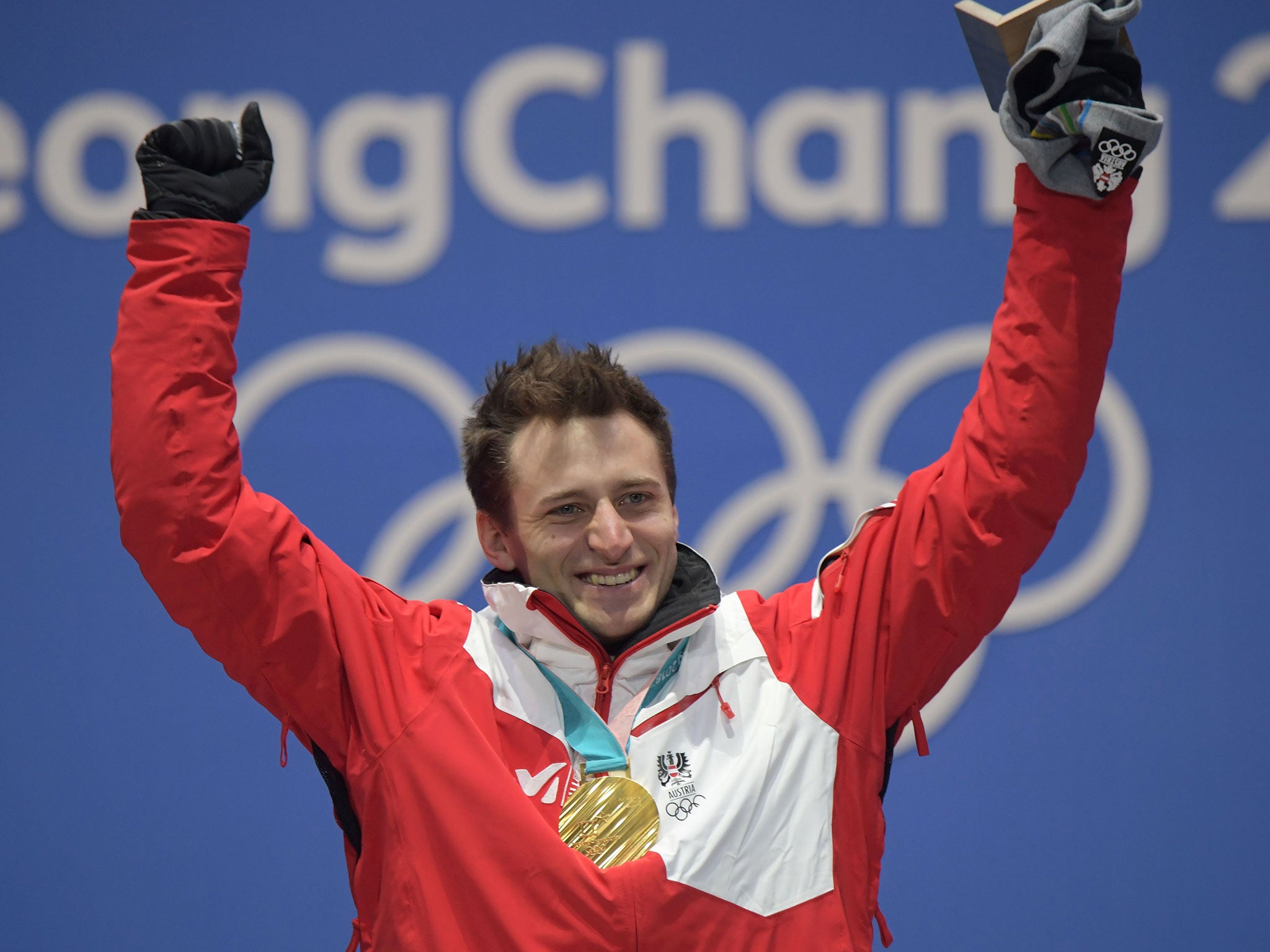 Matthias Mayer celebrates his Super-G victory