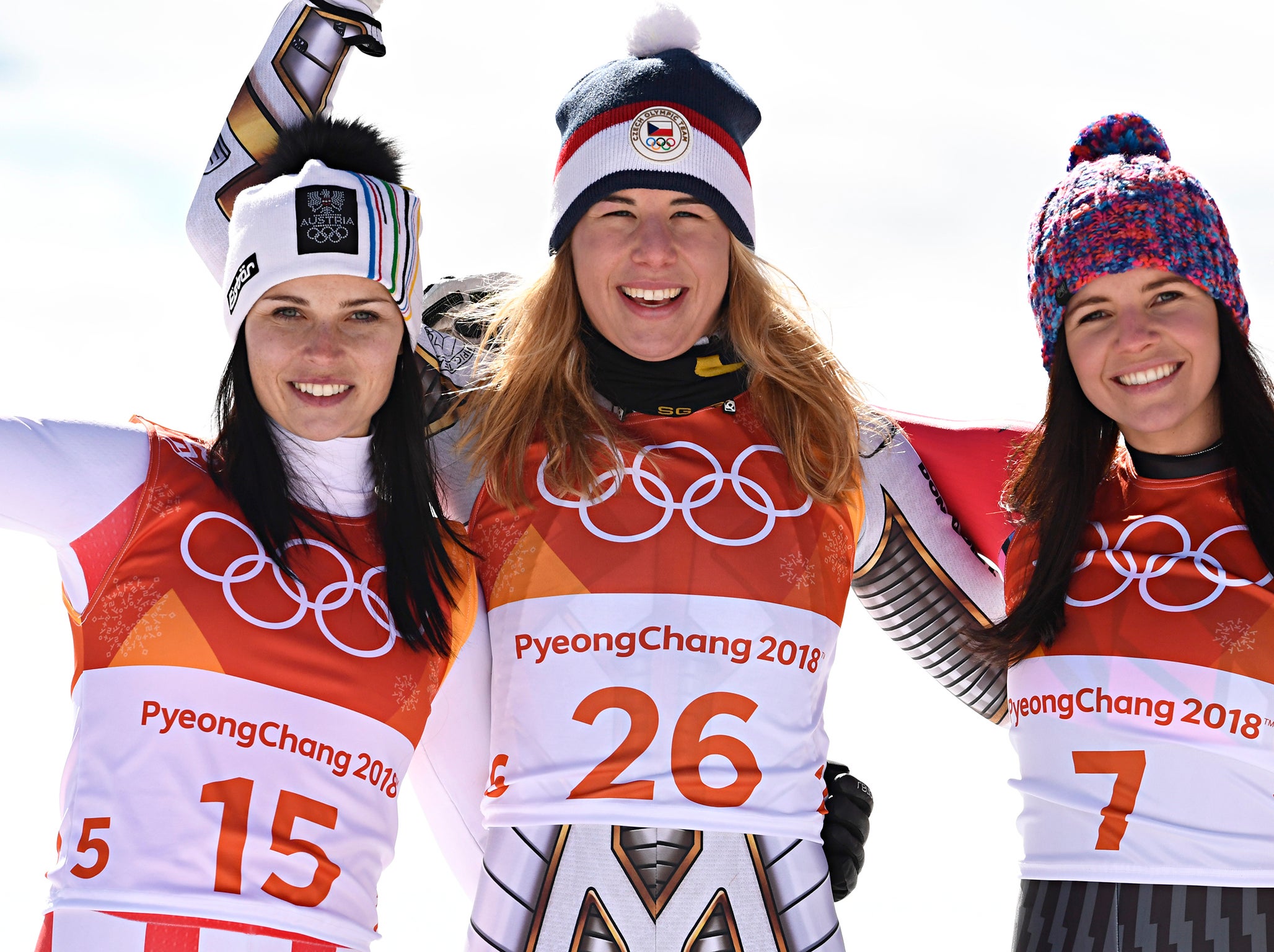 Ledecka on the podium with Ester Ledecka and Tina Weirather