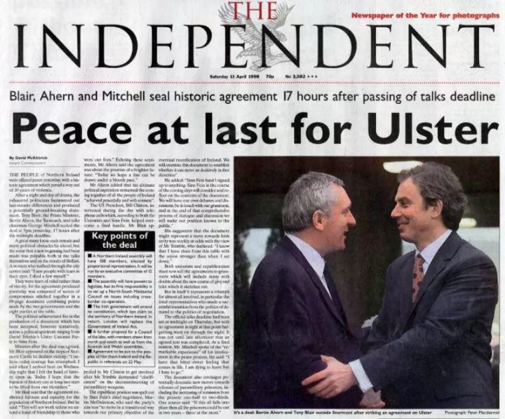 The Independent’s front page after a deal was struck in 1998