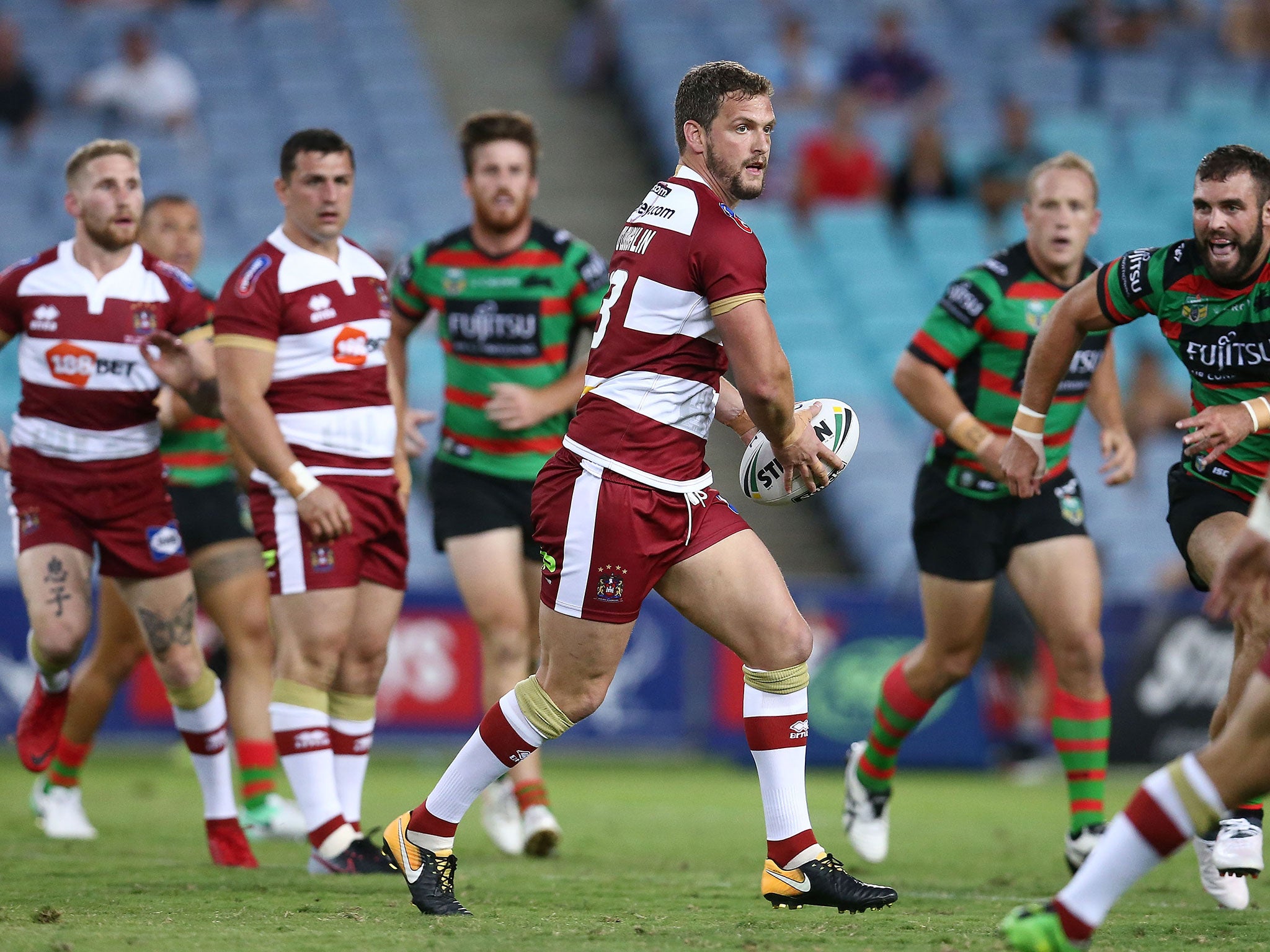 Sean O'Loughlin in action for Wigan against the South Sydney Rabbitohs