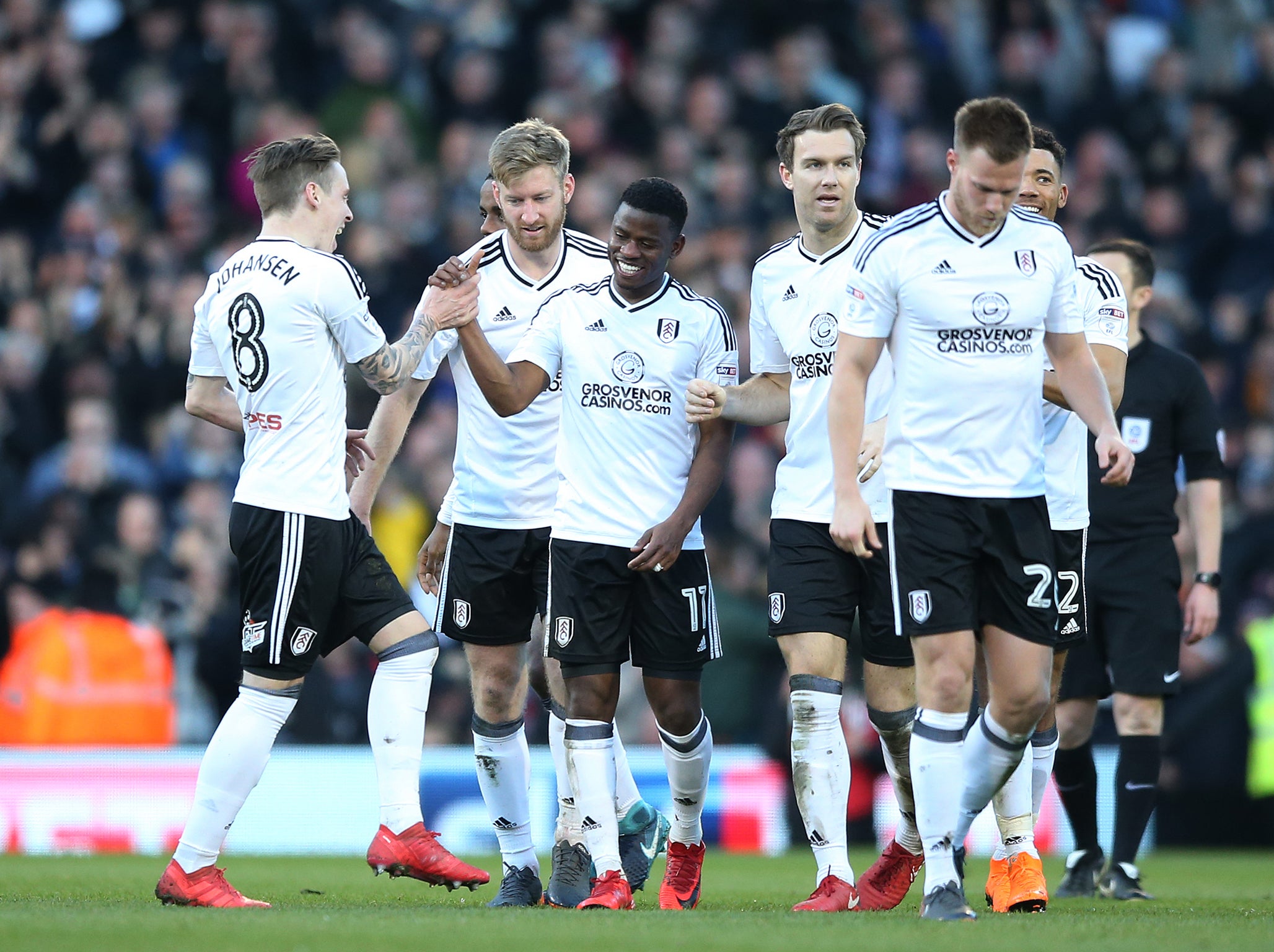 Floyd Ayite is congratulated after his second-half goal