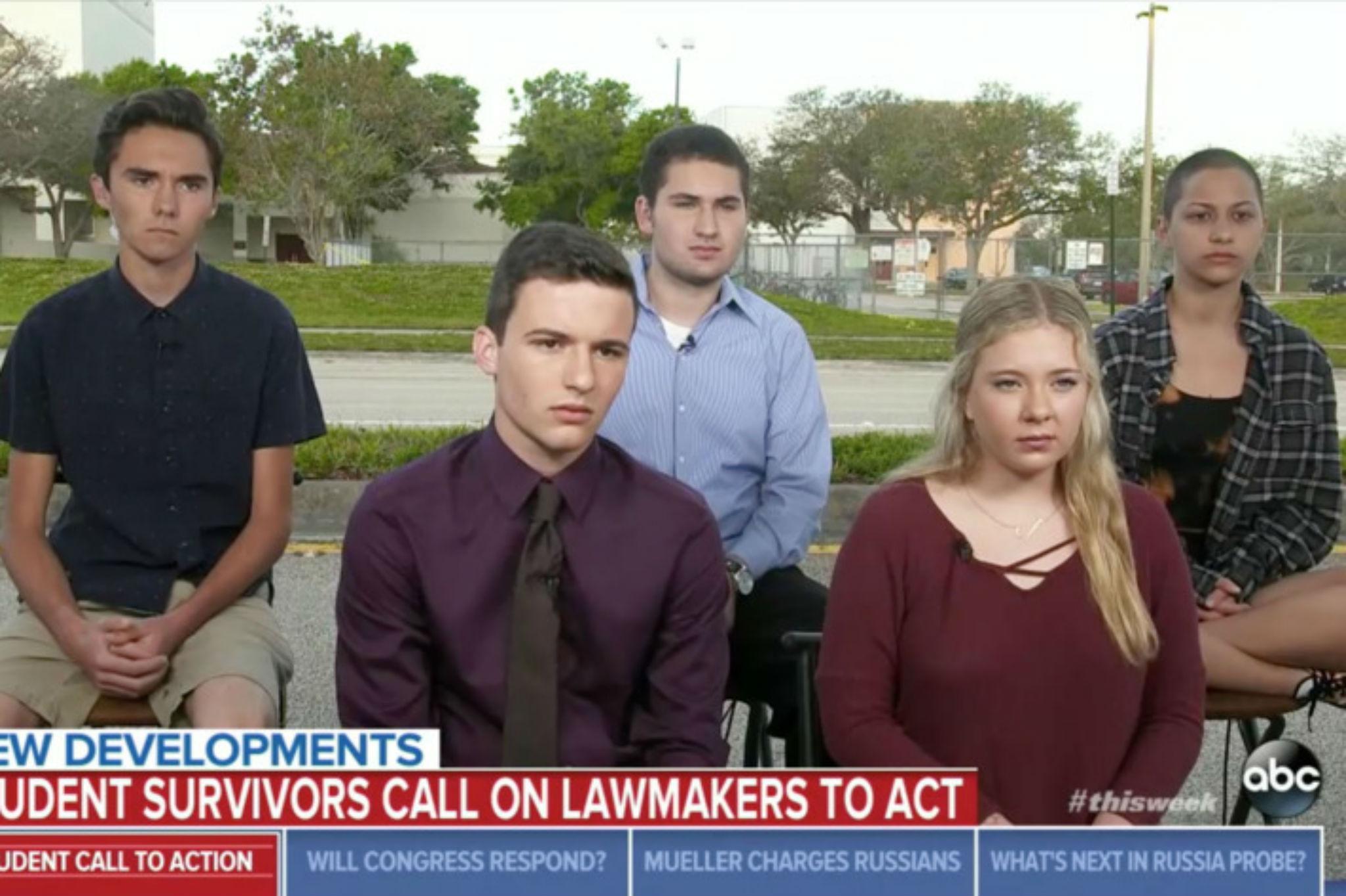 From left to right, Stoneman Douglas students David Hogg, Cameron Kasky, Alex Wind, Jaclyn Corin, and Emma Gonzalez