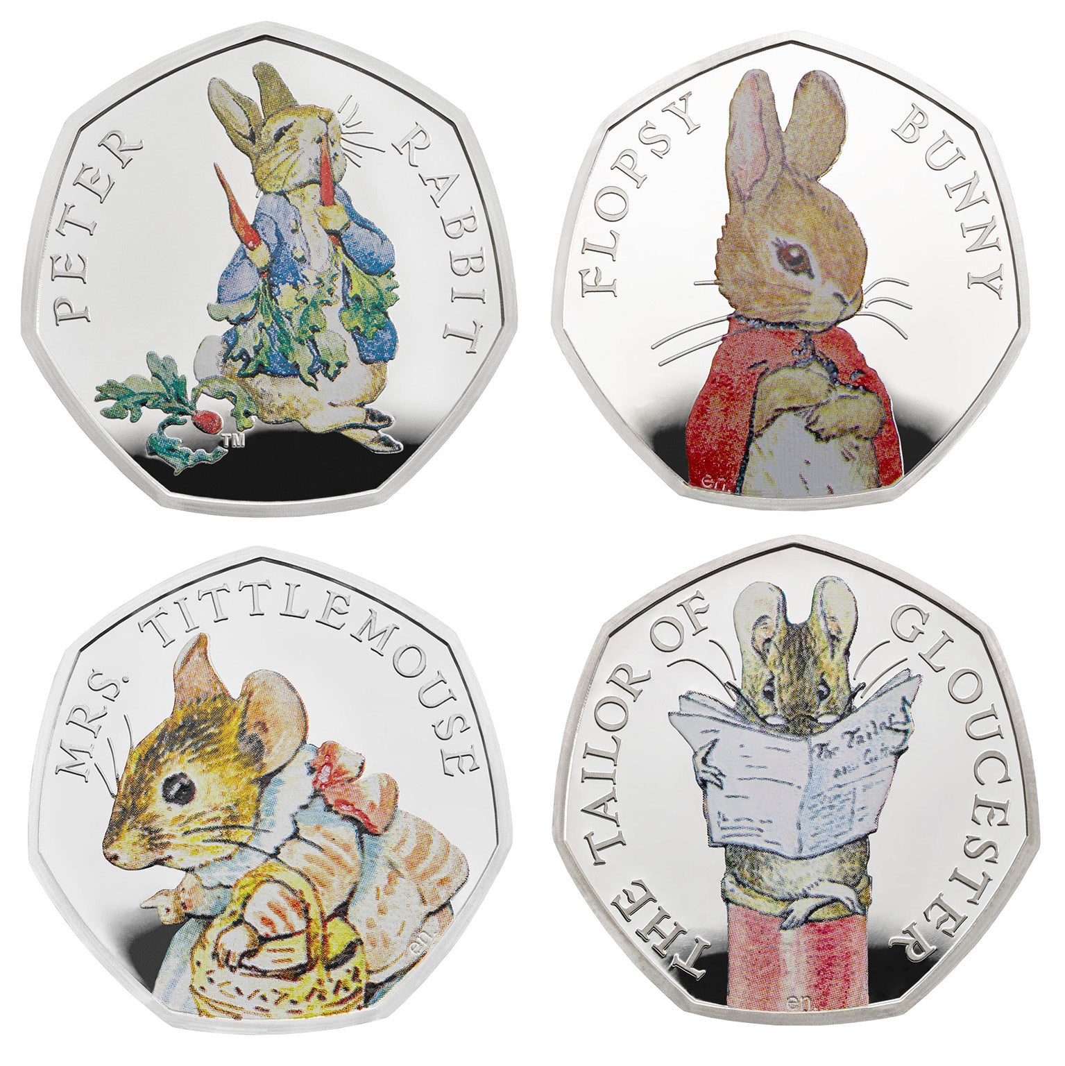 Royal Mint undated handout photo of its 2018 Beatrix Potter limited edition commemorative coins, featuring four of her best-loved characters, Peter Rabbit, Flopsy Bunny, MrsTittlemouse and a helpful mouse from 'The Tailor of Gloucester'.