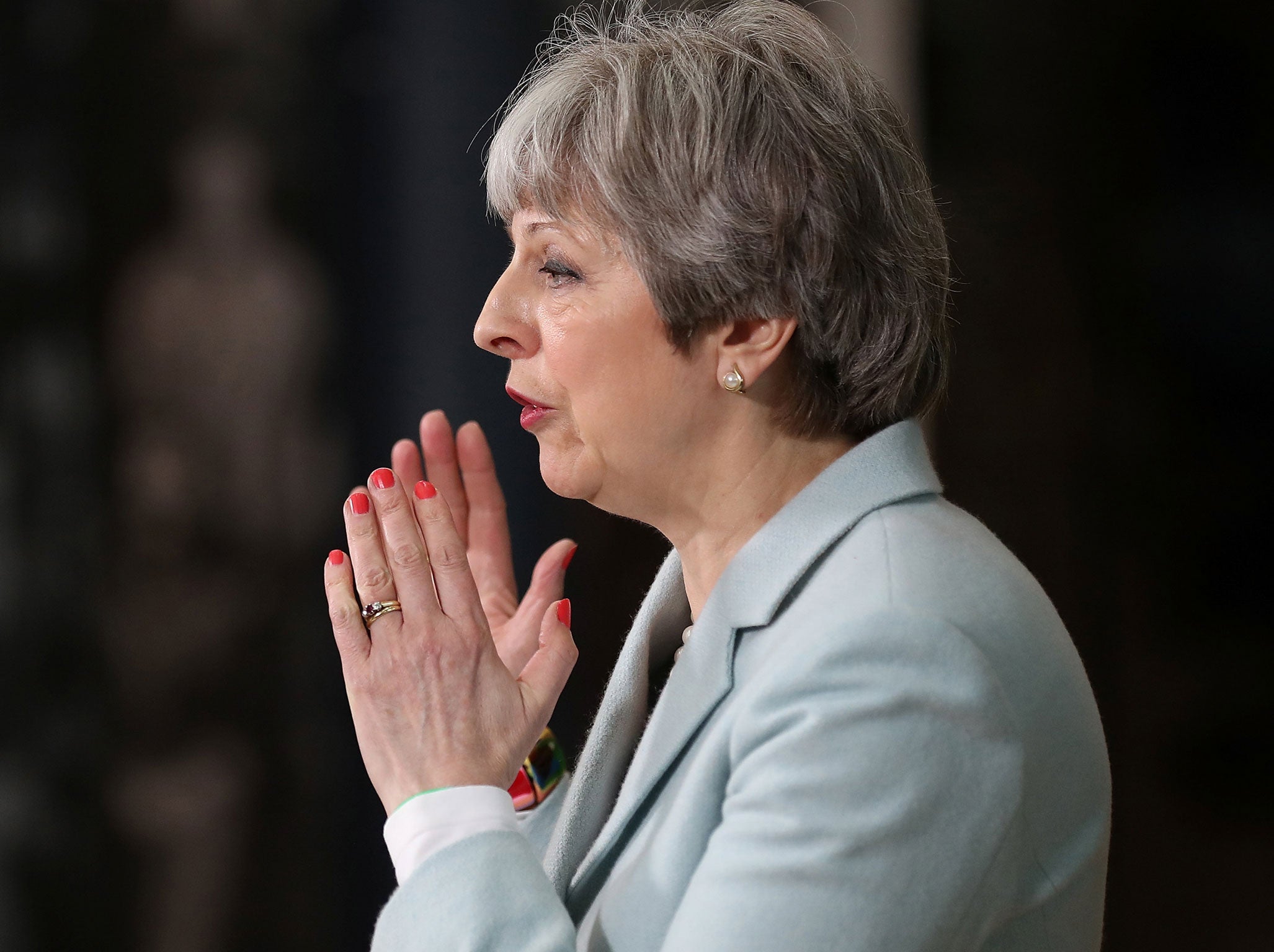 Theresa May delivers a speech to students and staff during her visit to Derby College