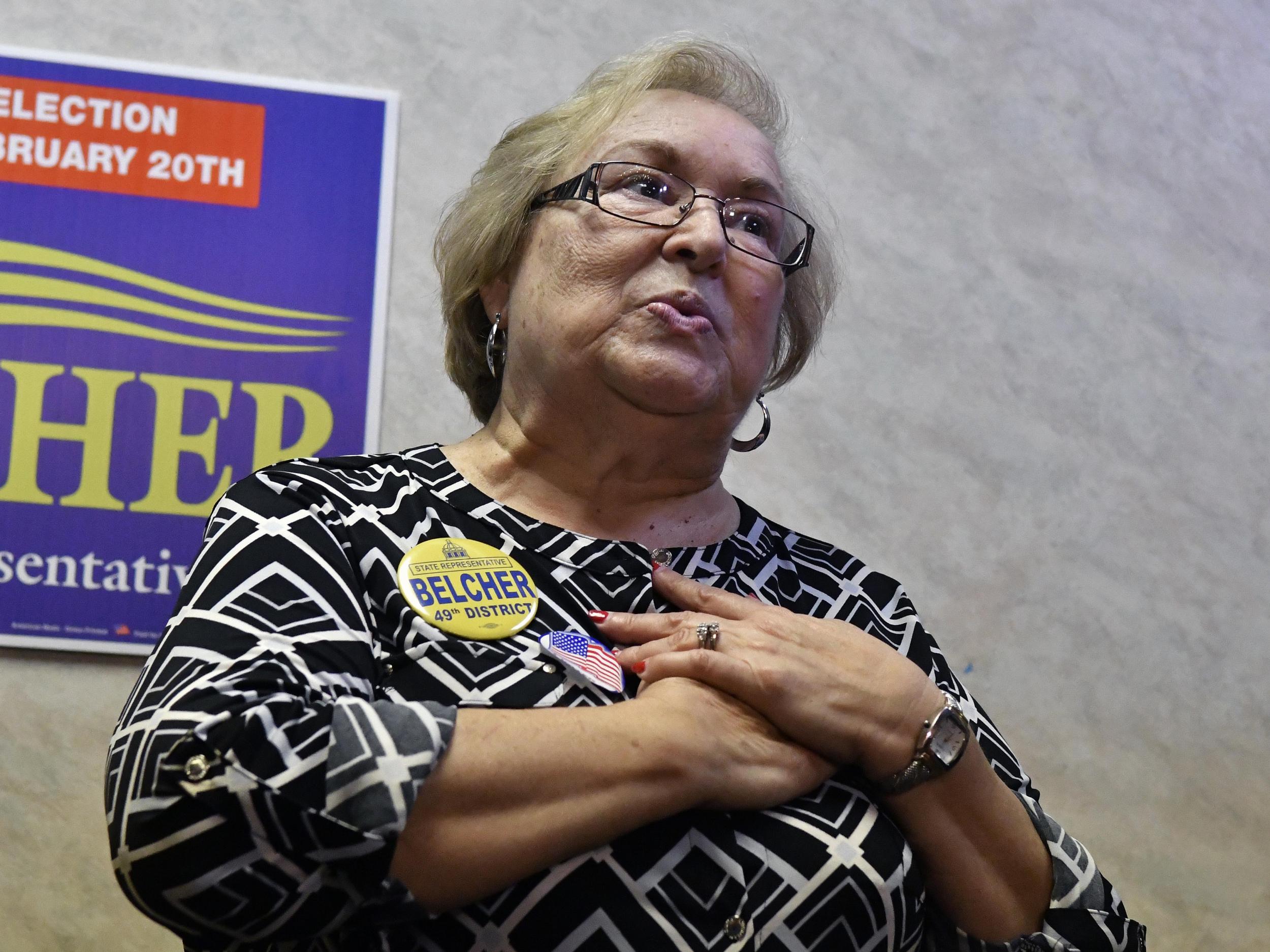 Democratic candidate Linda Belcher thanks supporters following her victory in the special election to fill the vacant seat for the Kentucky House of Representatives 49th District