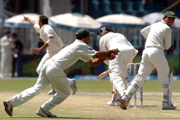 Pakistan claim an Indian wicket during the Rawalpindi Test in 2004