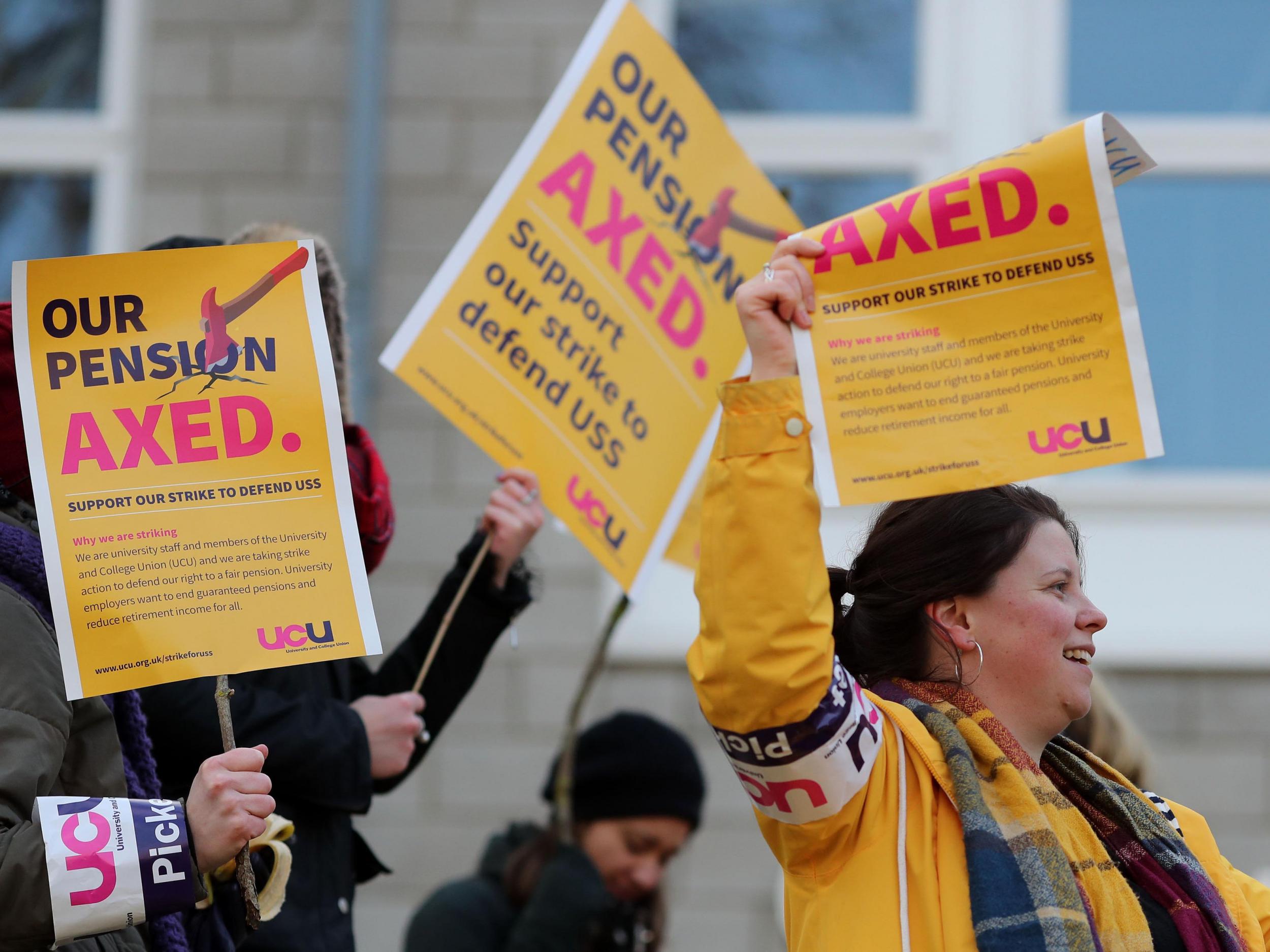 Members of the University and College Union on strike outside the University of Kent campus in Canterbury