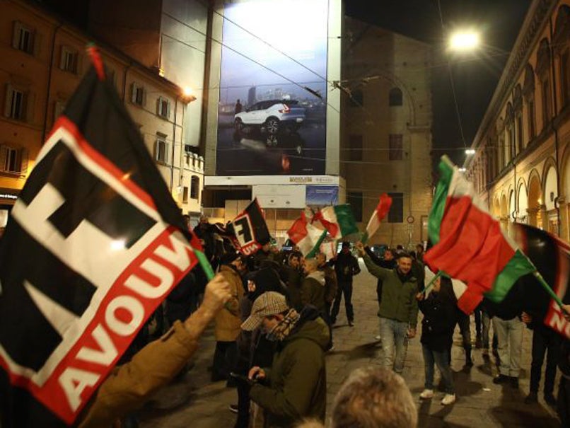 Members of the far-right Italian movement 'Forza Nuova' demonstre in Bologna, Italy, 16 February