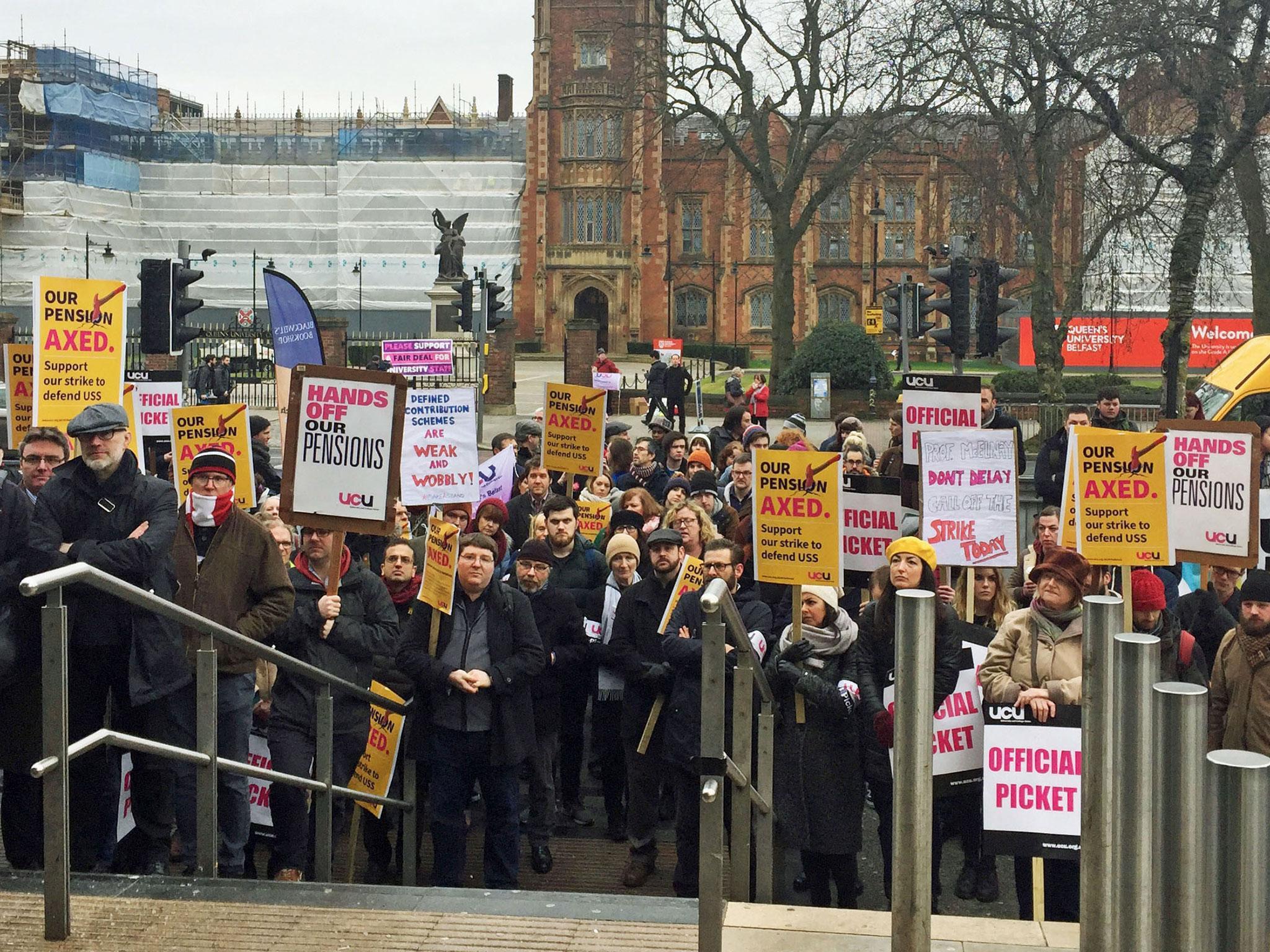 Demonstrators outside Queen’s University Belfast, as a five-day walkout at Queen’s and Ulster University, either side of this weekend, began in a dispute over pensions