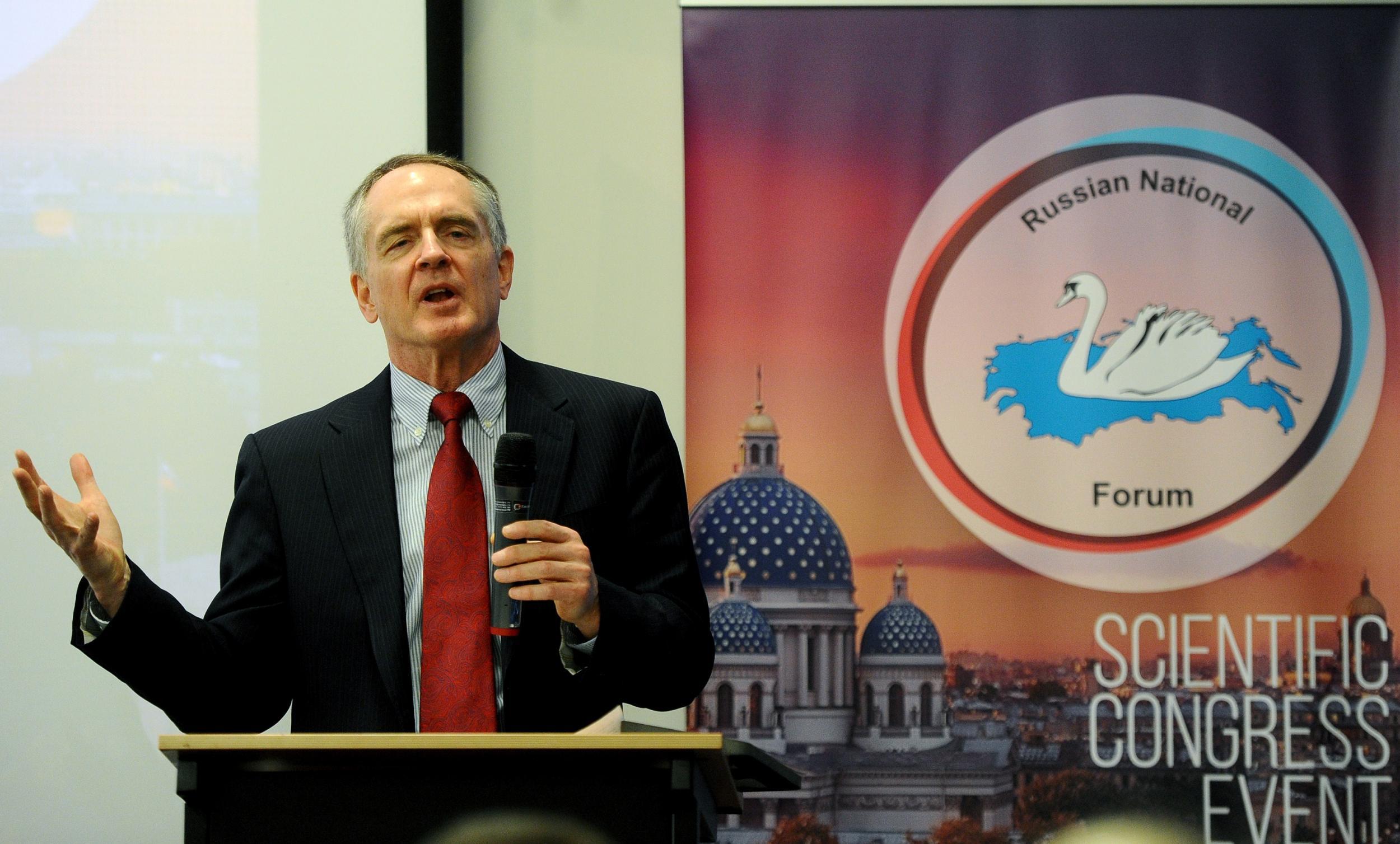 White nationalist Jared Taylor speaks during the International Russian Conservative Forum in Saint-Petersburg in 2015