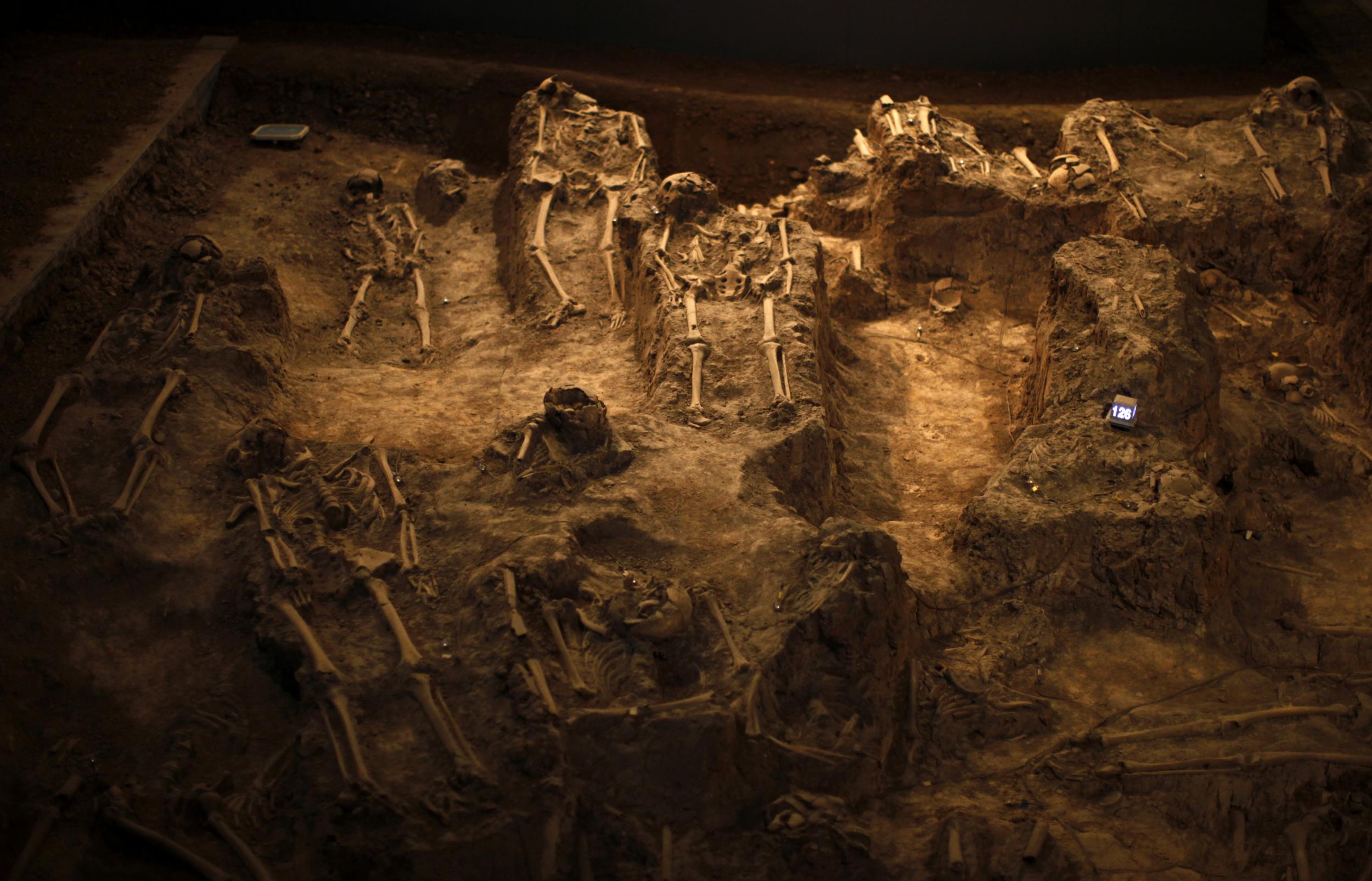 Skeletons of victims of the Nanjing nassacre are seen at the Nanjing Massacre Museum in Jiangsu