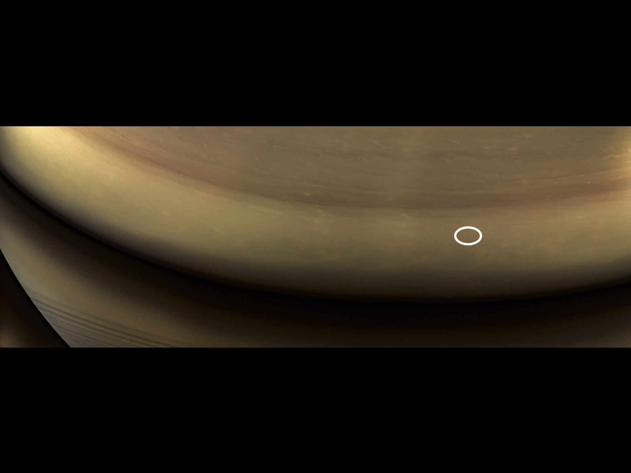 Composite image created from some of Cassini's final pictures shows where probe crashed into Saturn a few hours later