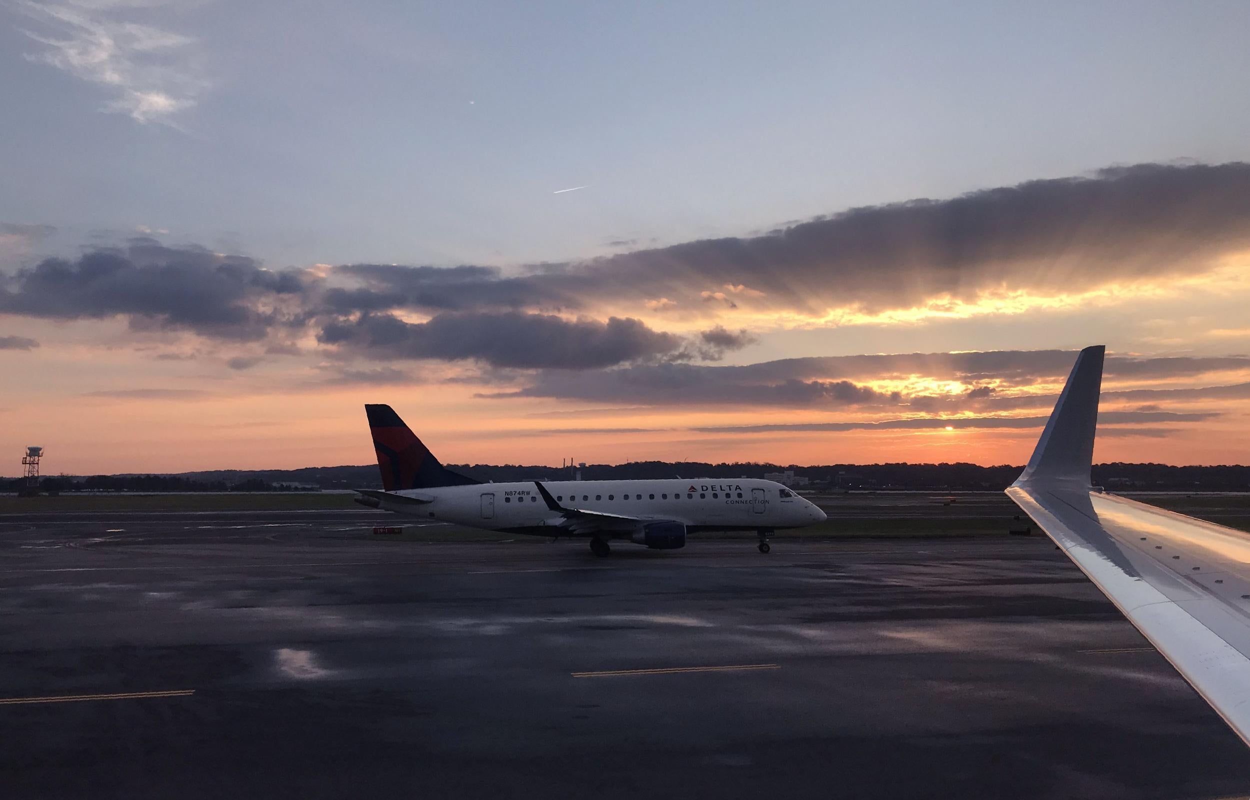 A Delta Airlines planes taxis at Ronald Reagan Washington National Airport in Arlington, Virginia