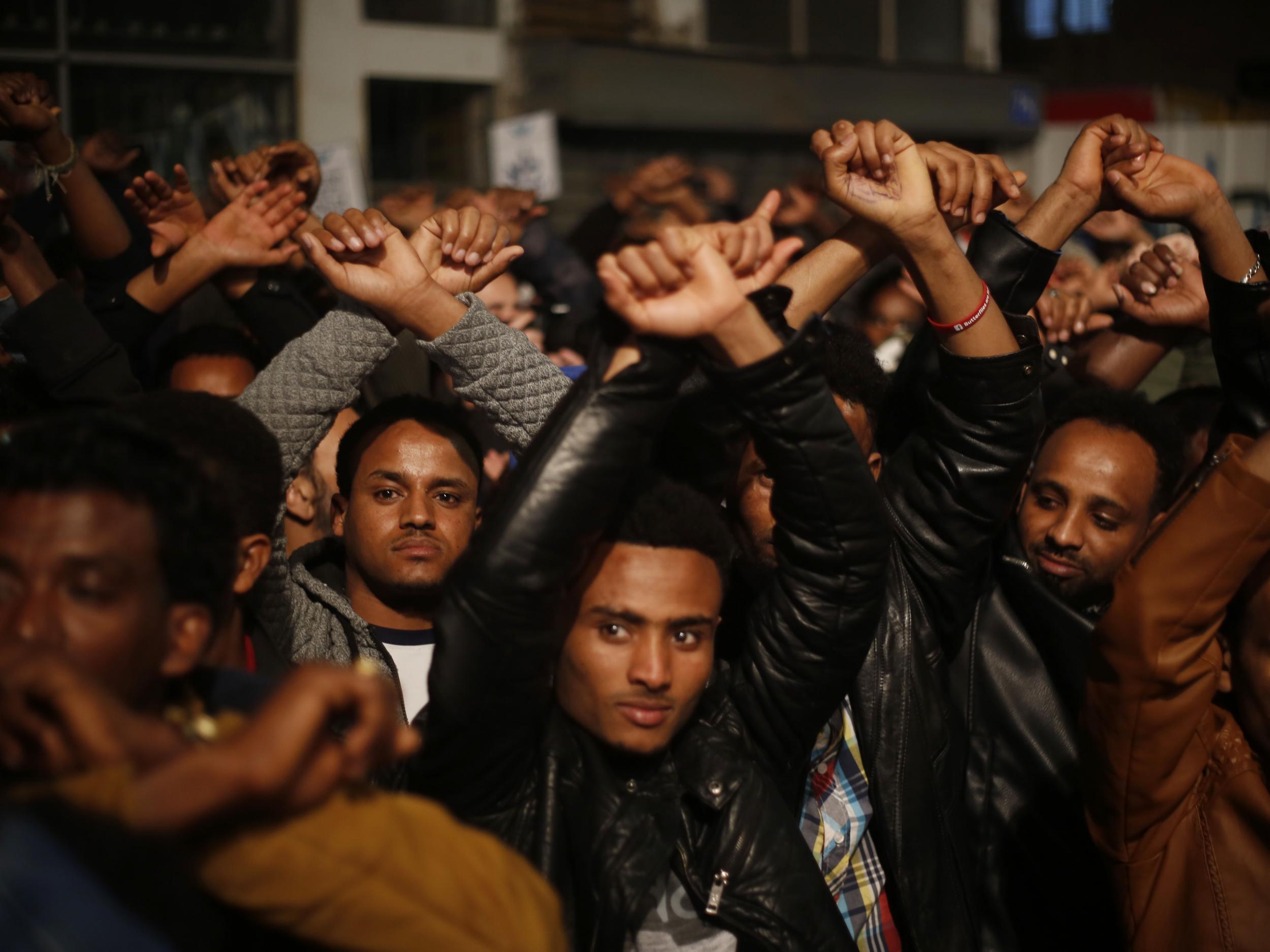 Asylum seekers protest against deportation in Tel Aviv, Israel, 24 February 2018