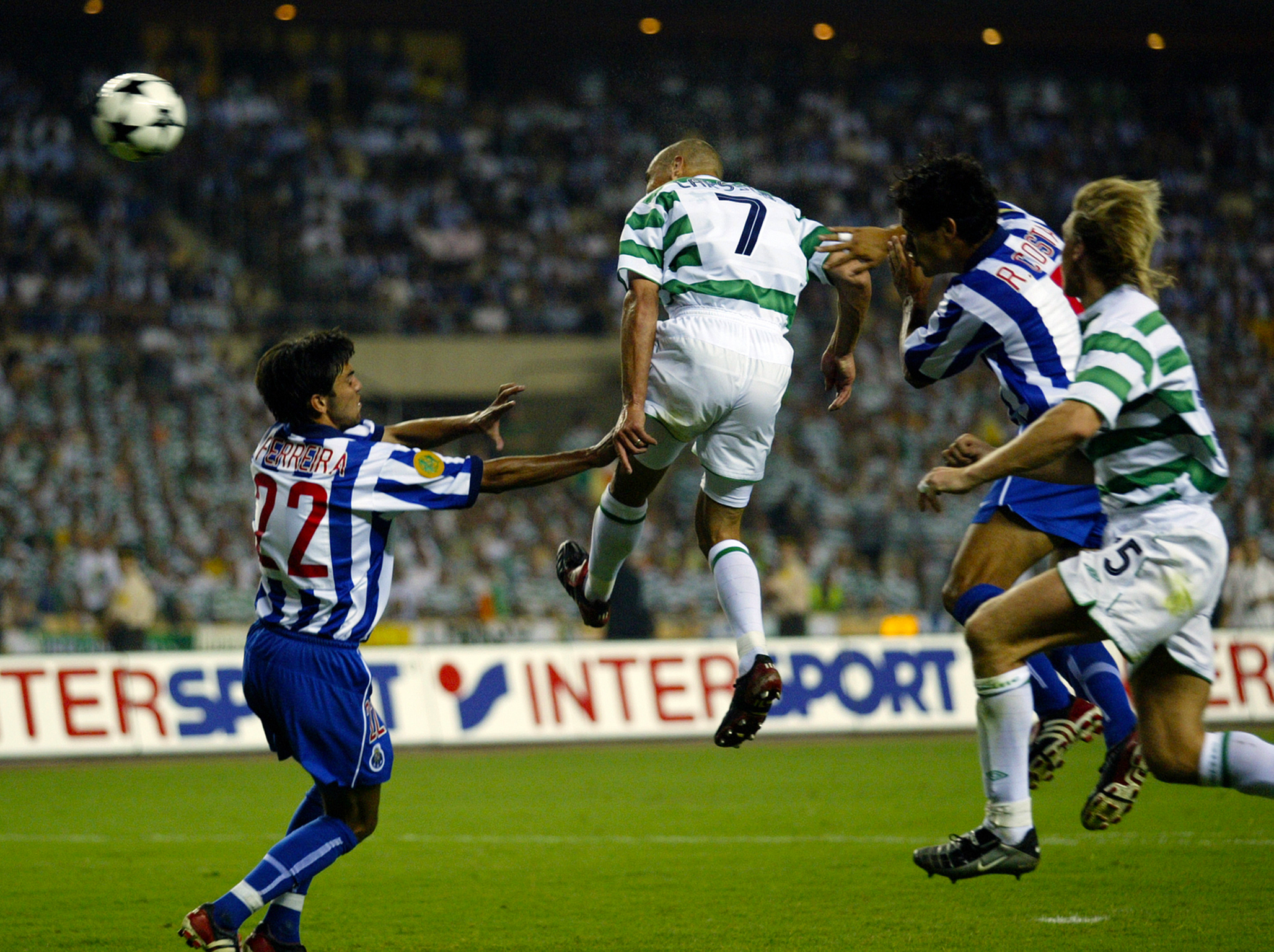 Larsson scores his second header in the 2003 Uefa Cup final (Getty)