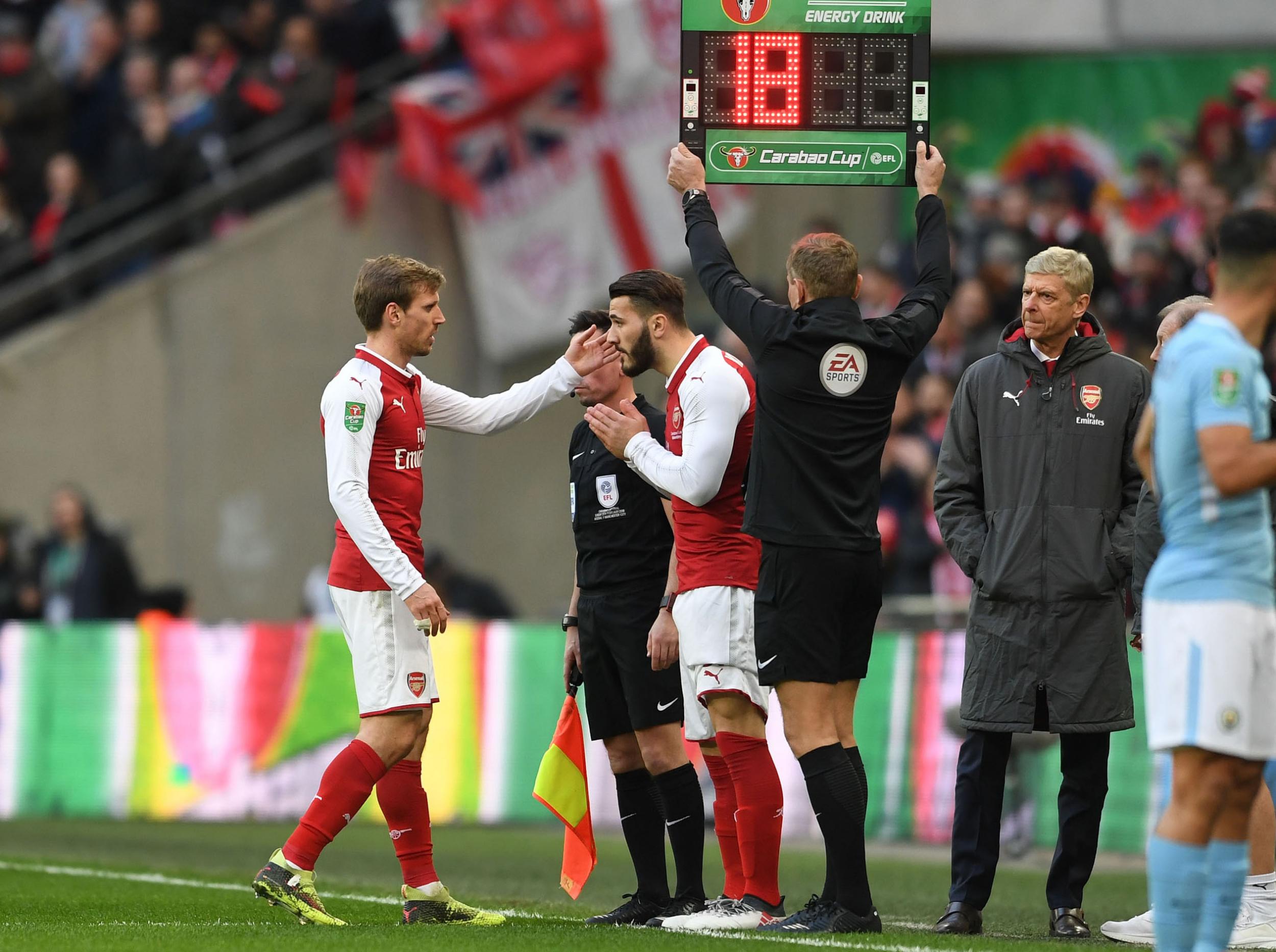 Monreal was replaced by Kolasinac in the EFL Cup final