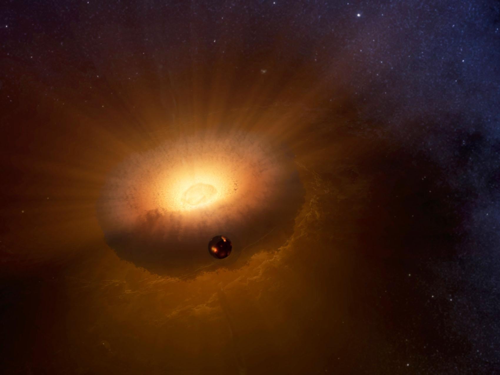 This artist’s rendering shows the hot, molten moon emerging from a synestia, a giant spinning donut of vaporised rock that formed when planet-sized objects collided