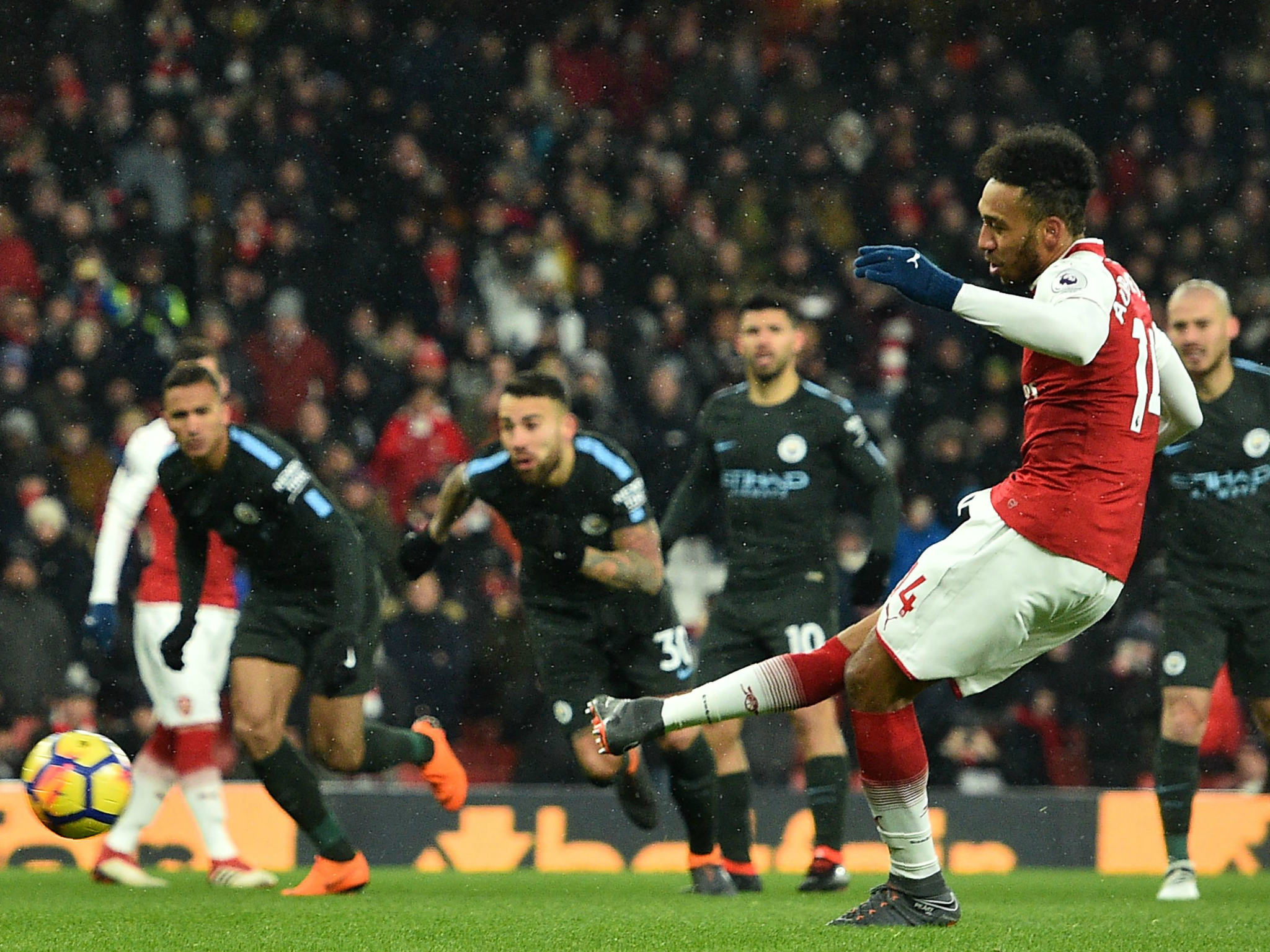 &#13;
Pierre-Emerick Aubameyang saw his penalty saved by Ederson &#13;