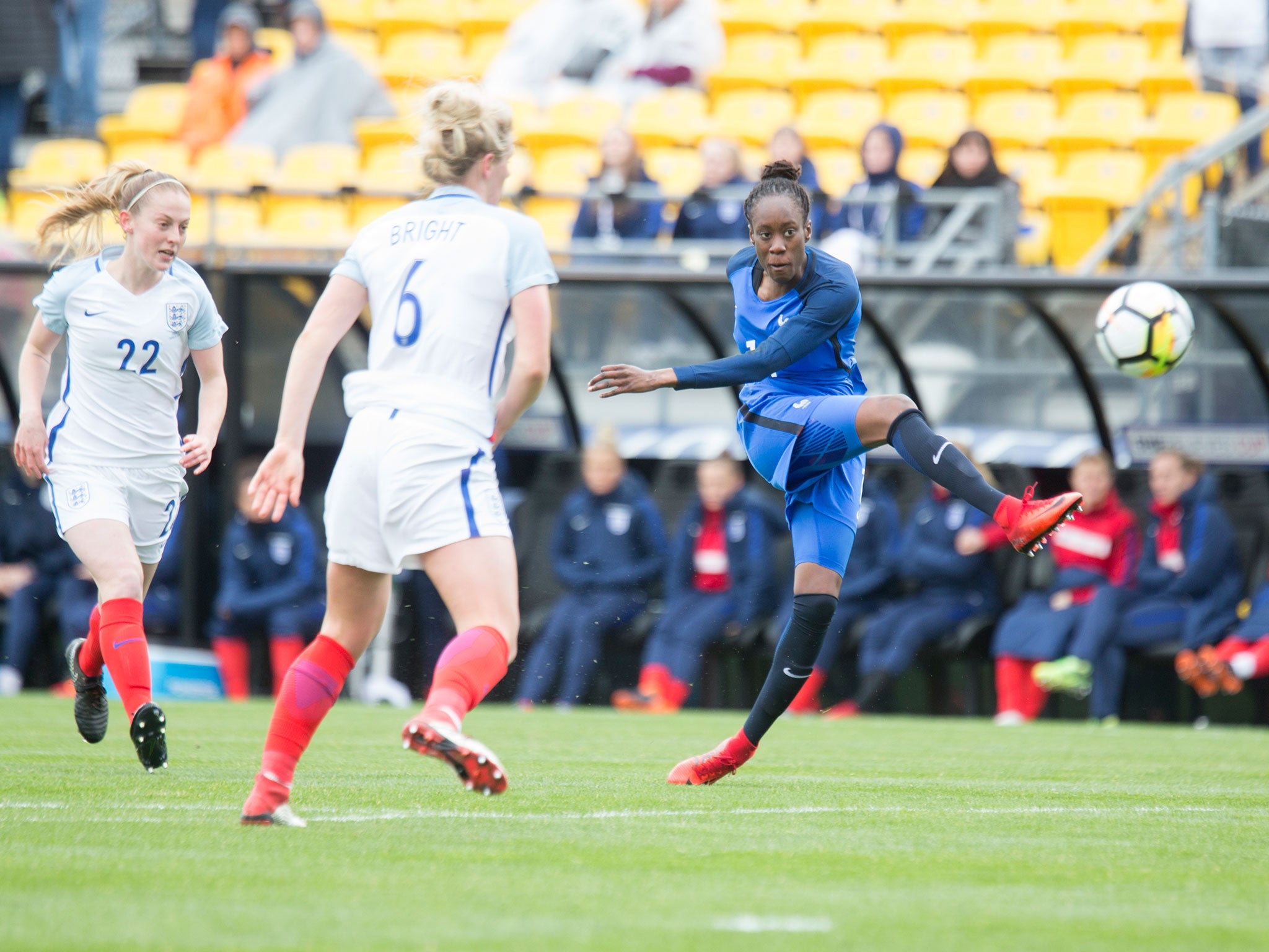 Ouleymata Sarr takes a shot on goal for France