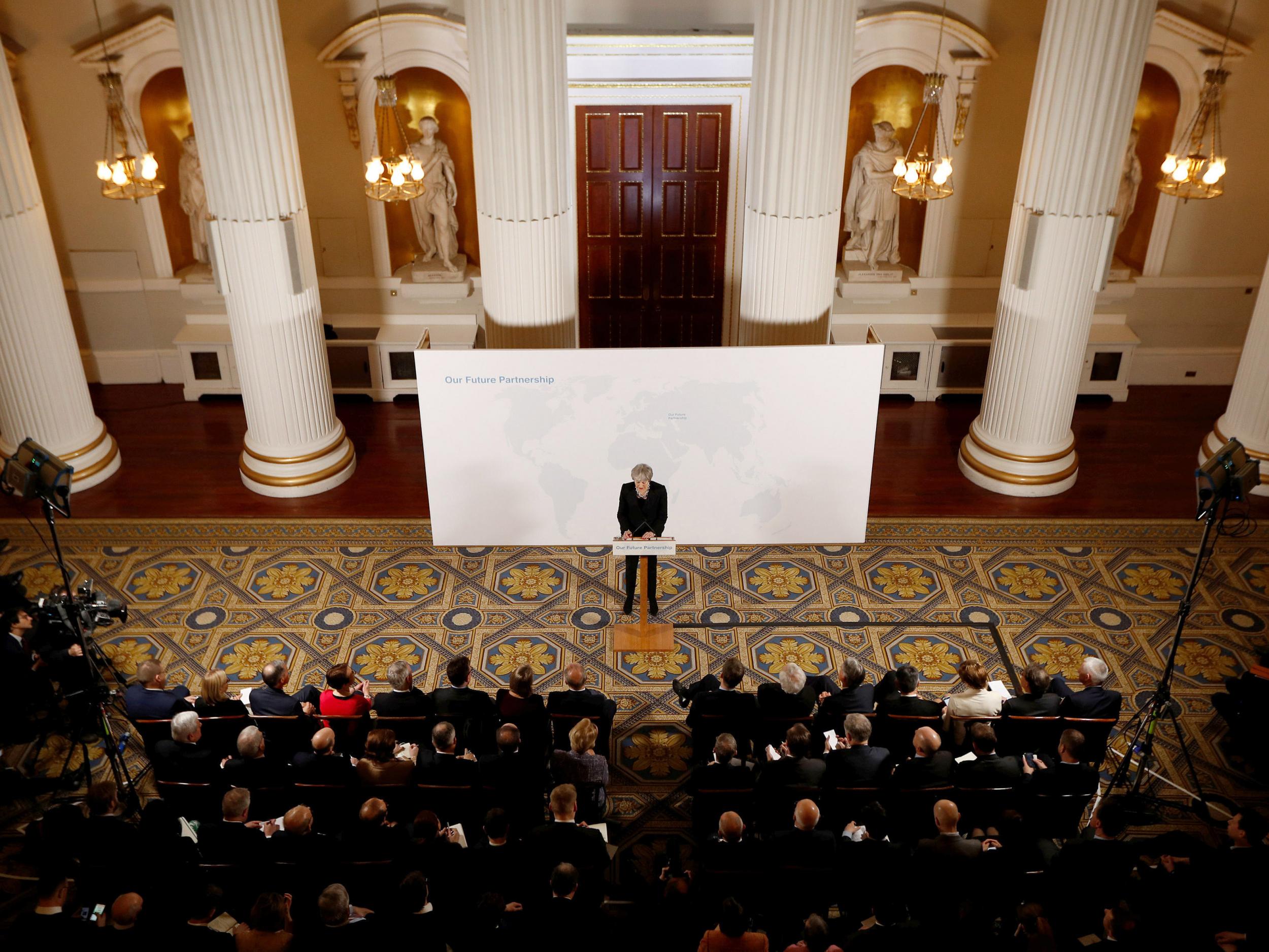 The Prime Minister spoke in front of a backdrop that appeared to locate the country’s ‘future partnership’ as being not with Europe but Kazakhstan