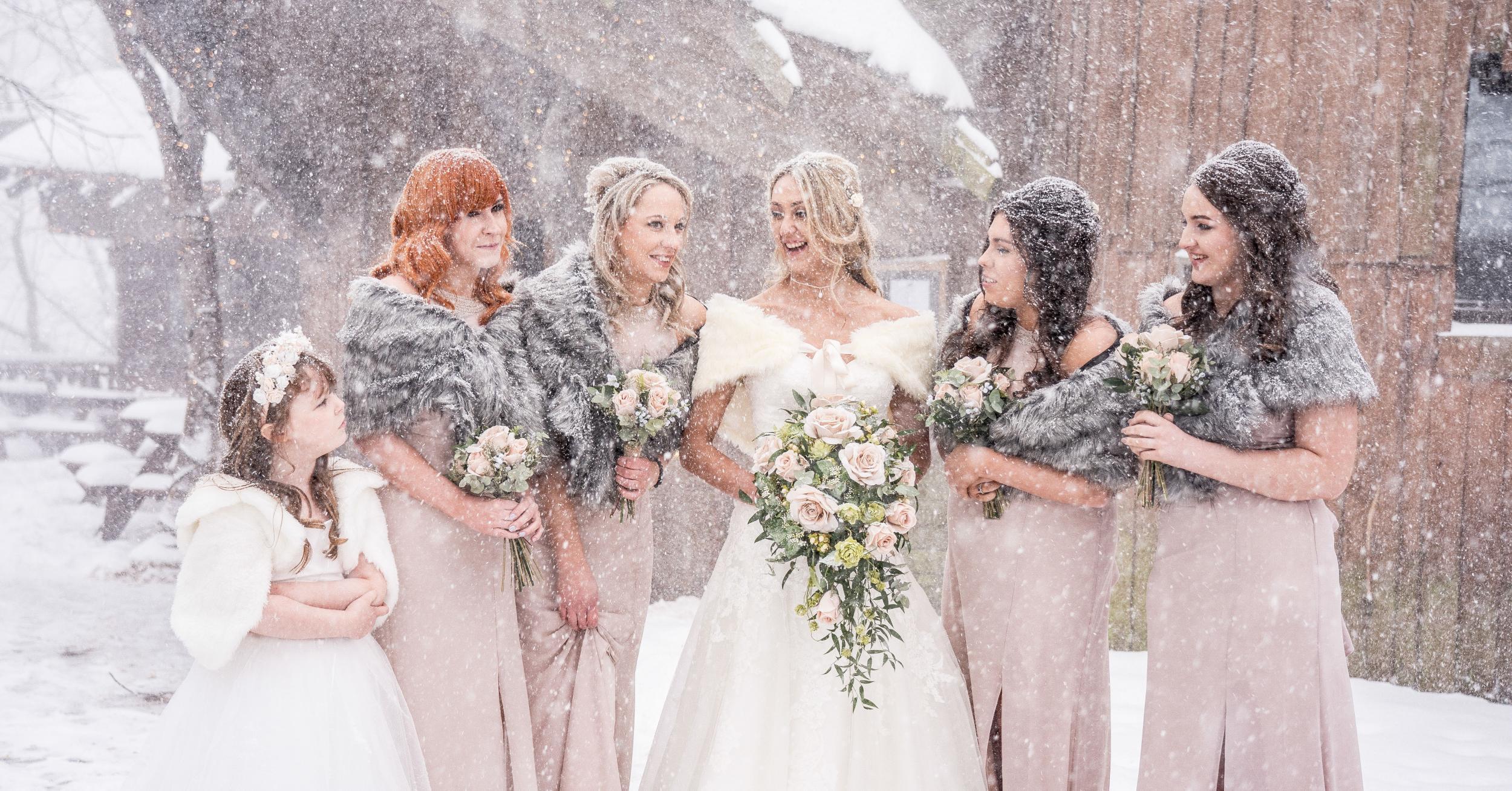 The bride stands in the snow with her bridesmaids (Sean Elliott Photography)