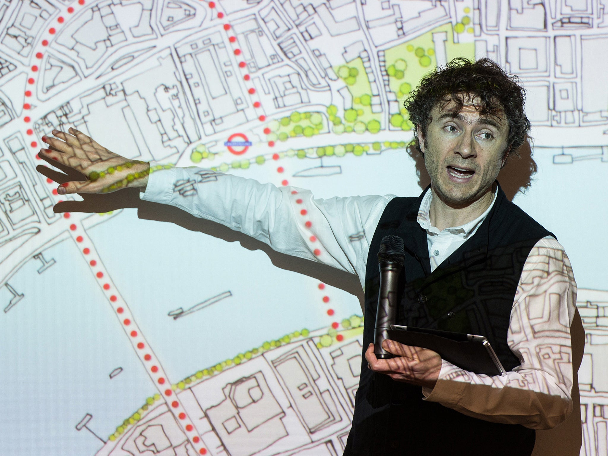 Thomas Heatherwick delivering a presentation on his Garden Bridge design in 2014