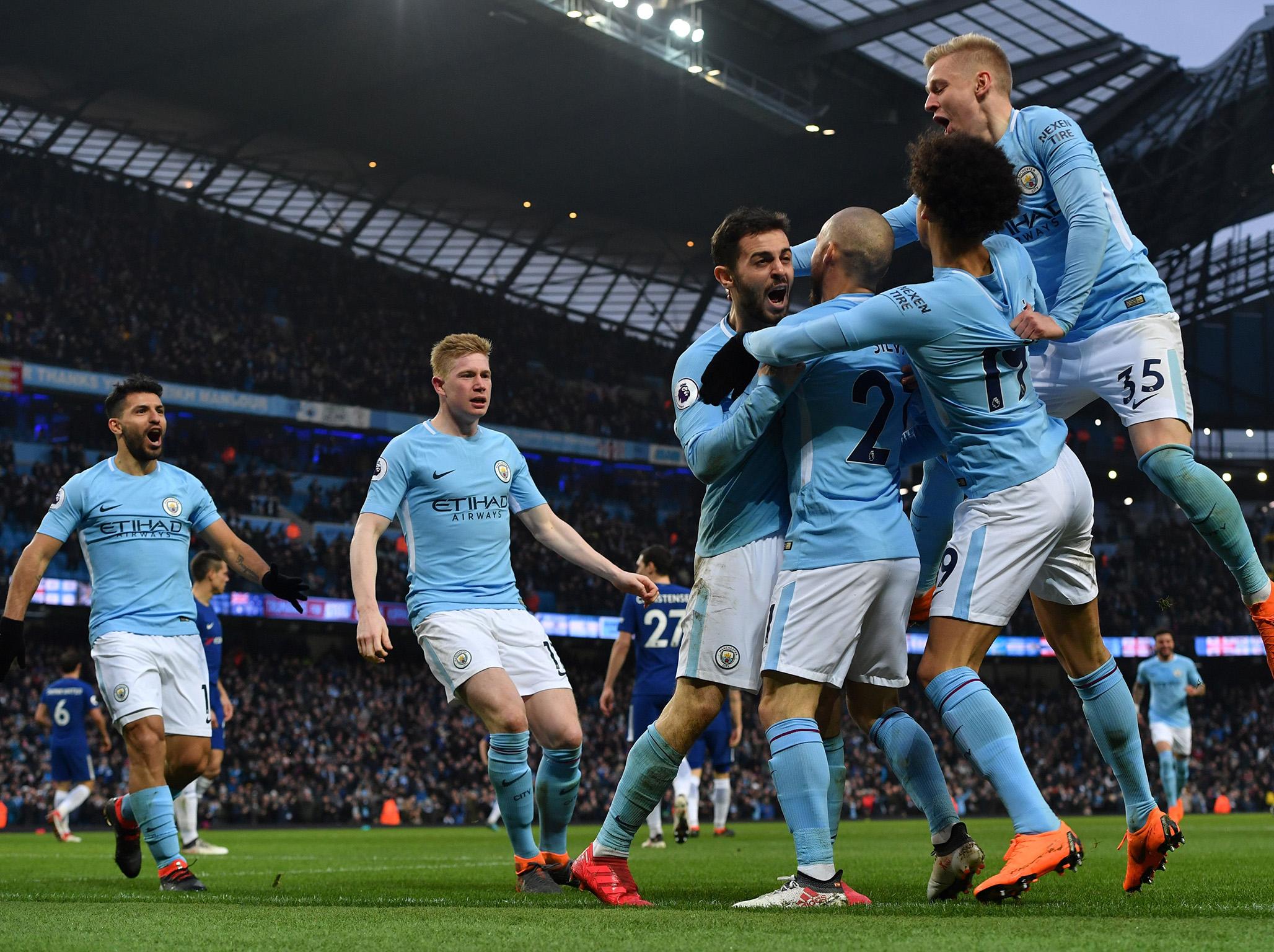 &#13;
Manchester City celebrate Bernardo Silva’s goal &#13;