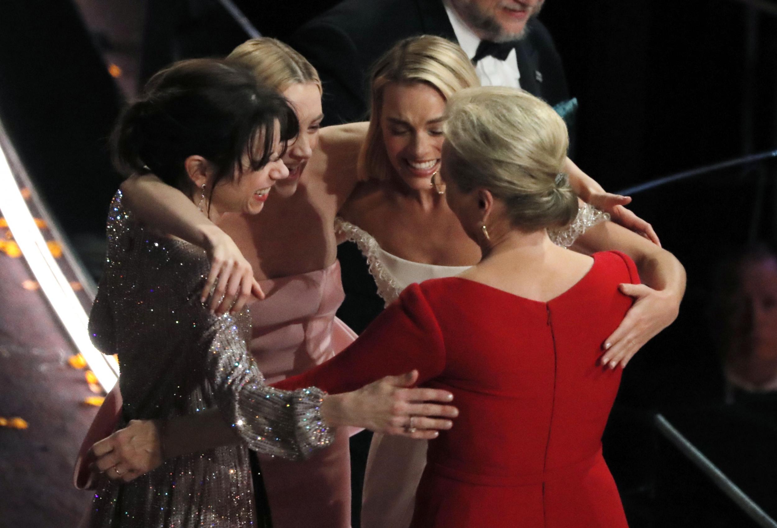 The Best Actress nominees hug after Frances McDormand's Best Actress acceptance speech