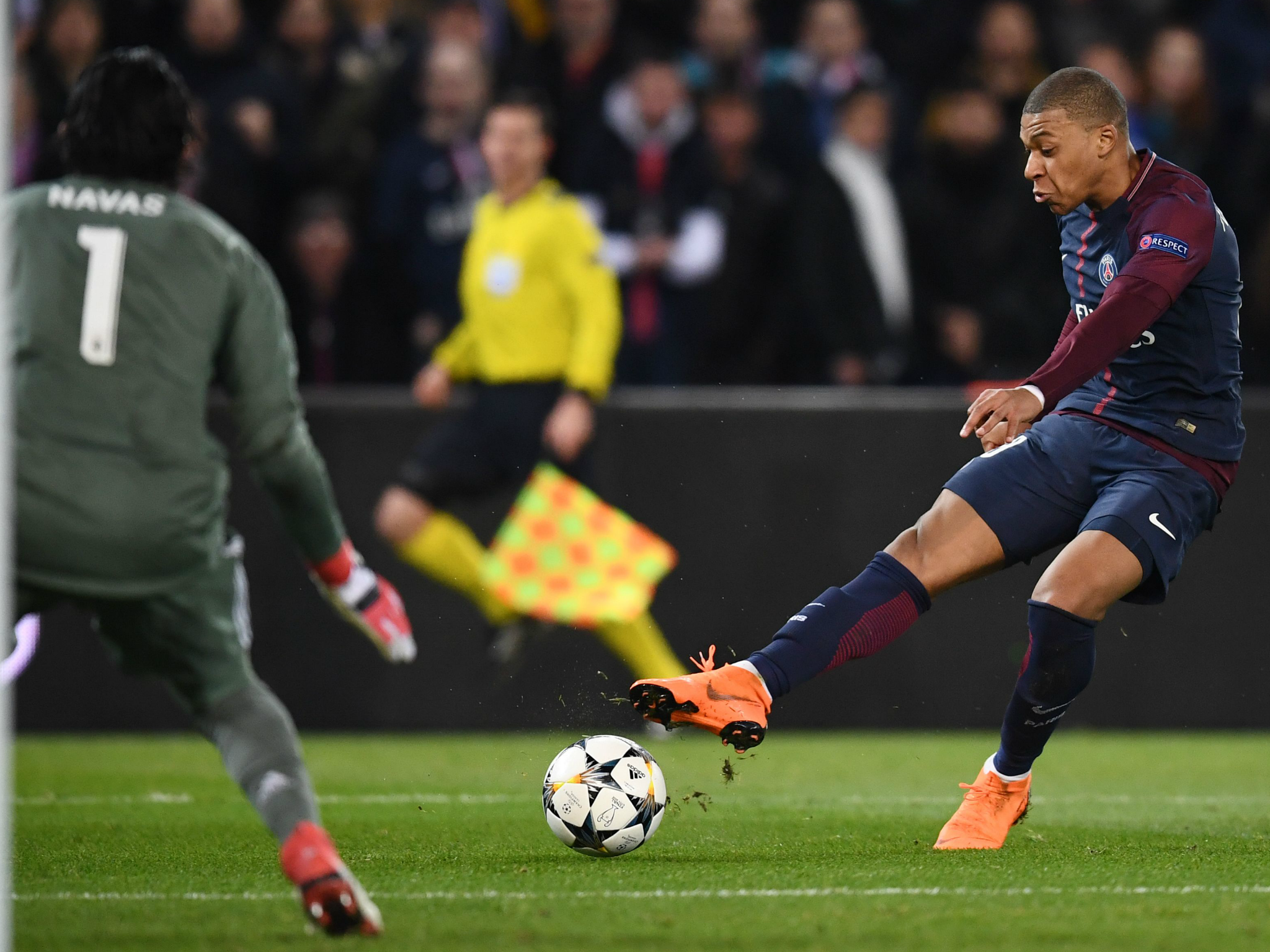 Kylian Mbappe with a shot on goal for the hosts (Getty)