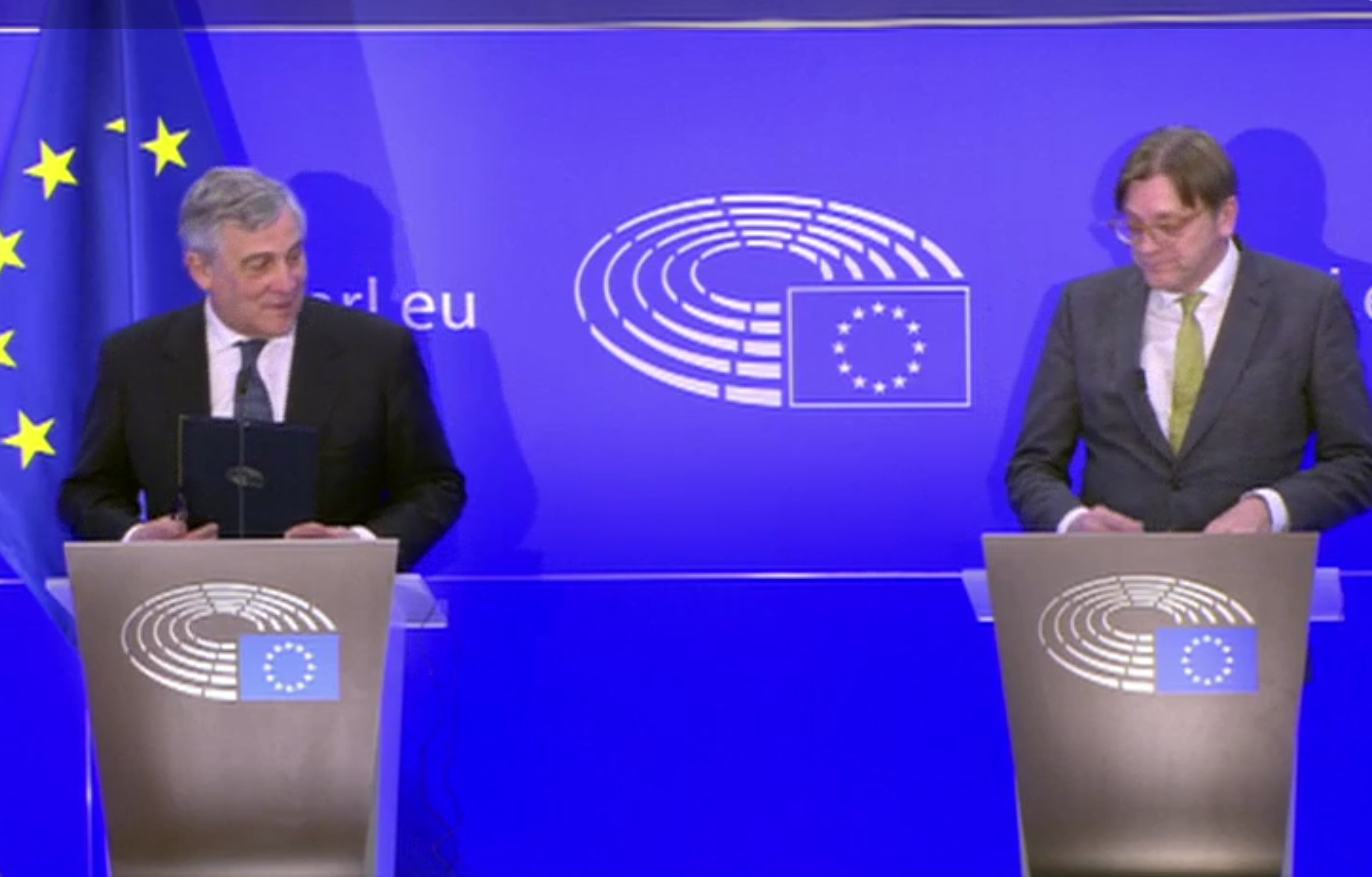 Mr Verhofstadt (right) and Antonio Tajani, the European Parliament's president, gave a joint statement in Brussels