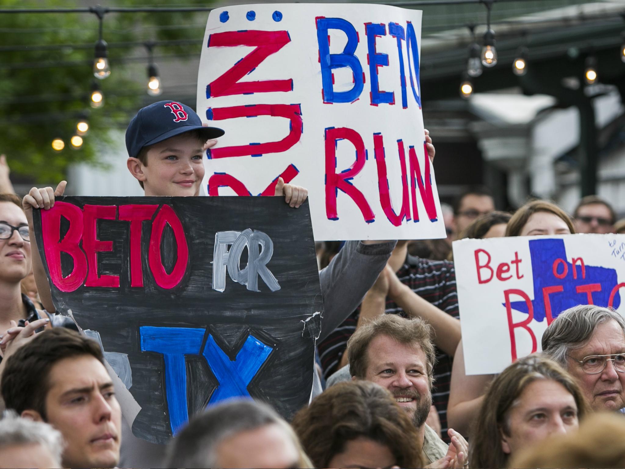 The crowd of Democratic supporters listens to Senate candidate Beto O'Rourke giving a speech Austin, Texas.