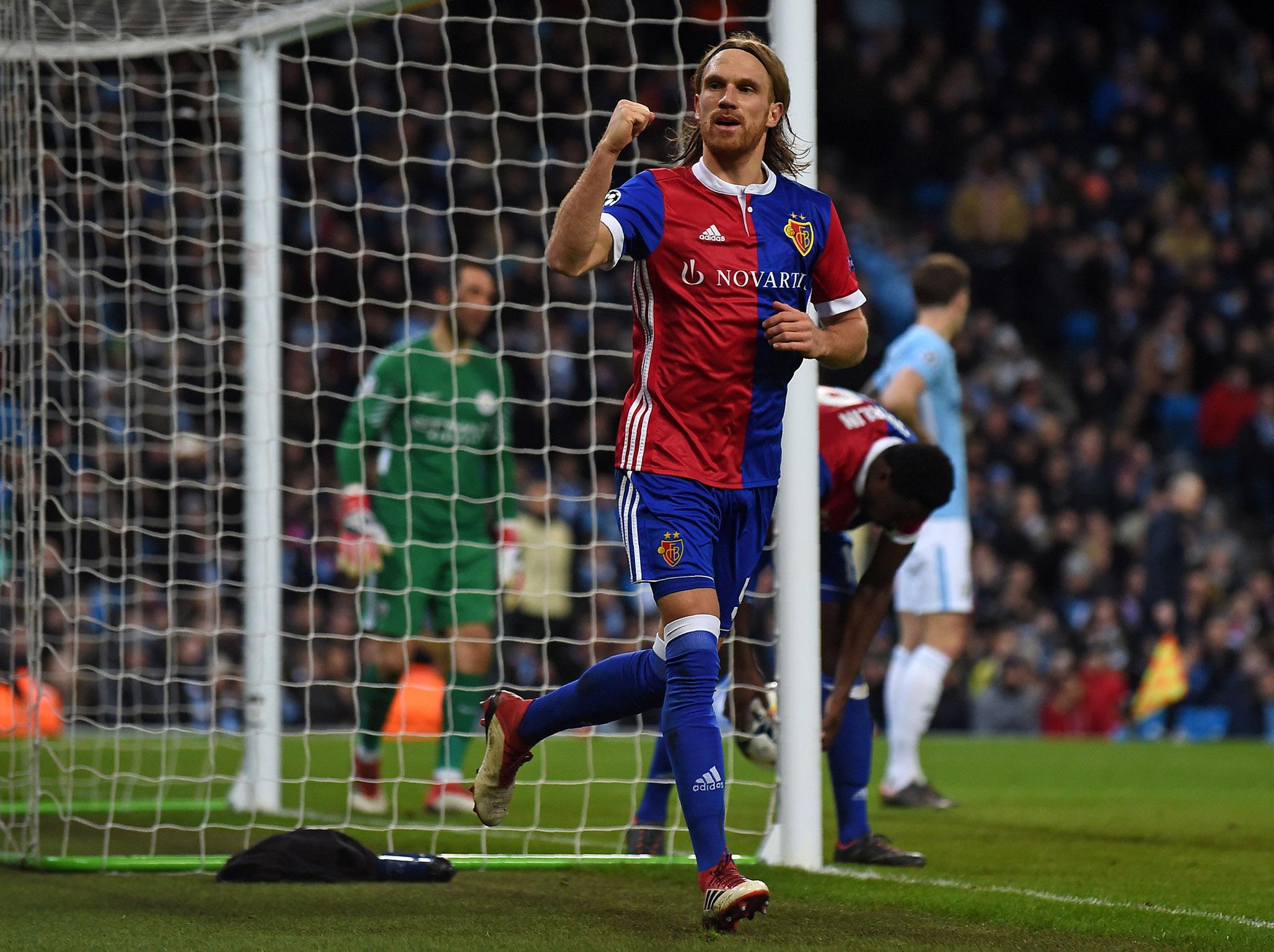 Defender Michael Lang celebrates scoring Basel’s second