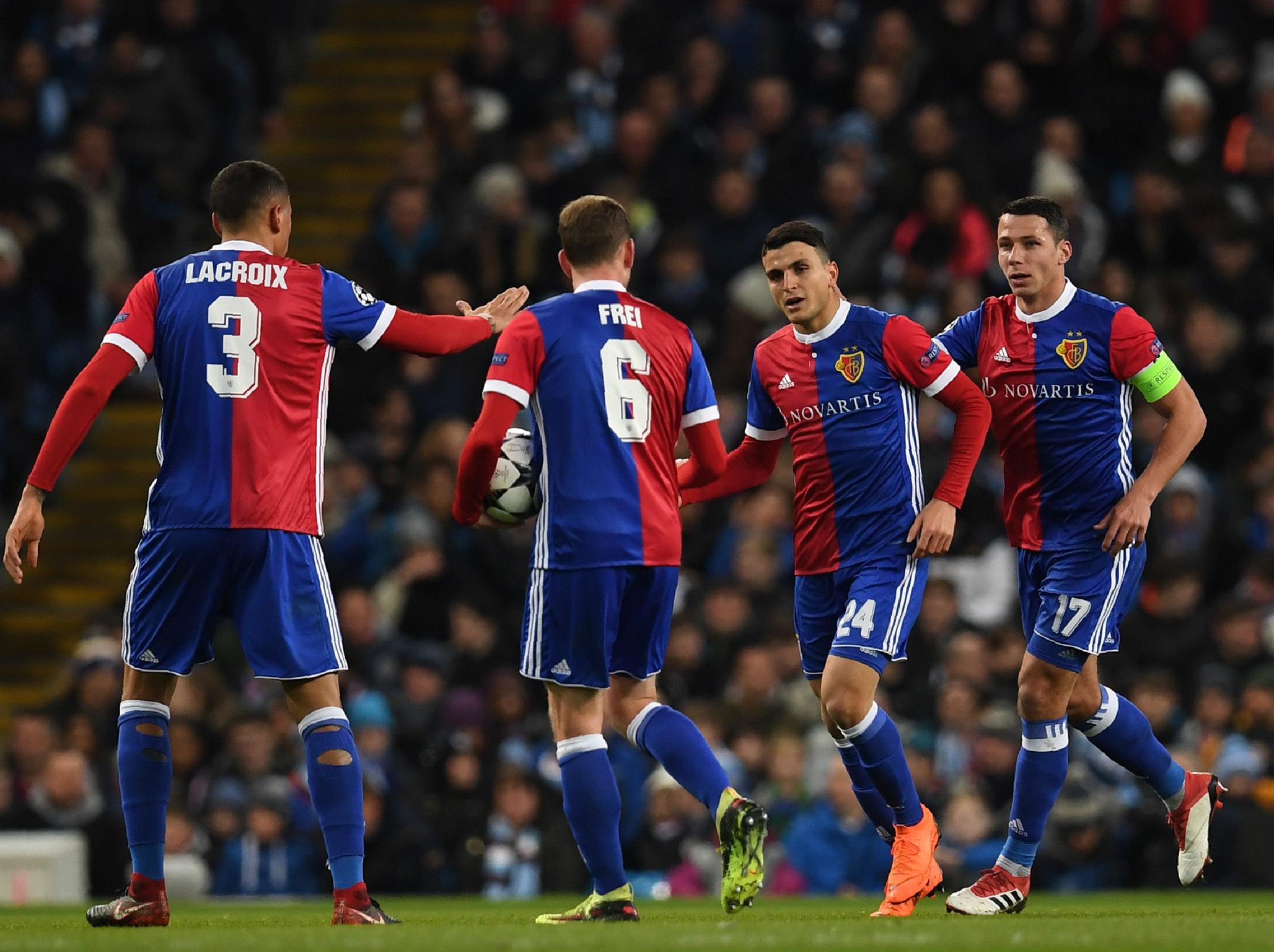 &#13;
Basel celebrate their equaliser on the night &#13;