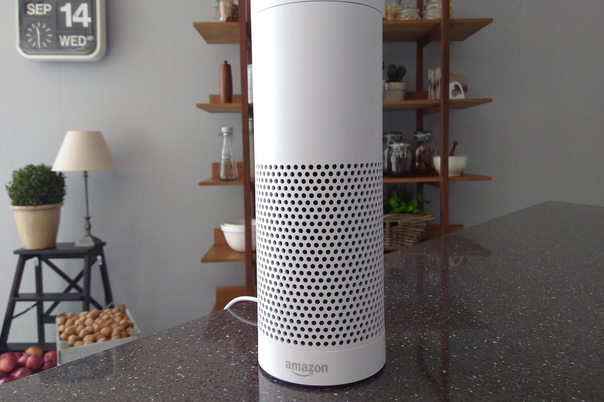 The Amazon Echo, a voice-controlled virtual assistant, is seen at its product launch for Britain and Germany in London, Britain