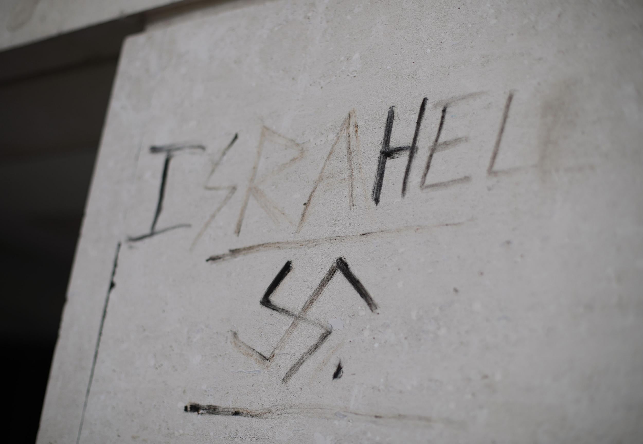 Graffiti saying 'Israhell' next to a swastika on a wall in Victoria, London. Anti-Semitic hate incidents have reached a new record high in the UK