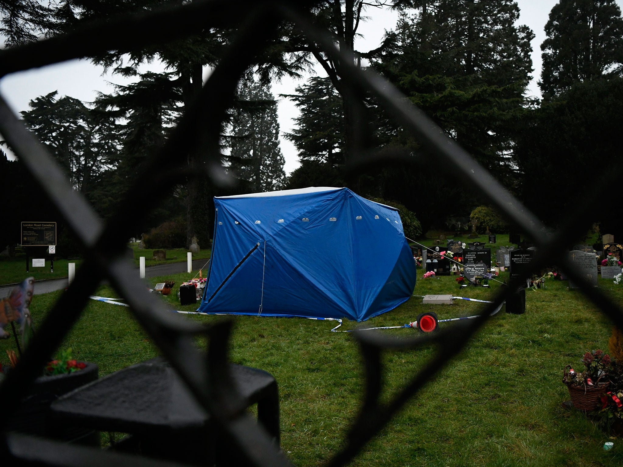 A police tent covers the grave of Sergei Skripal’s son, Alexander, in Salisbury’s London Road Crematorium