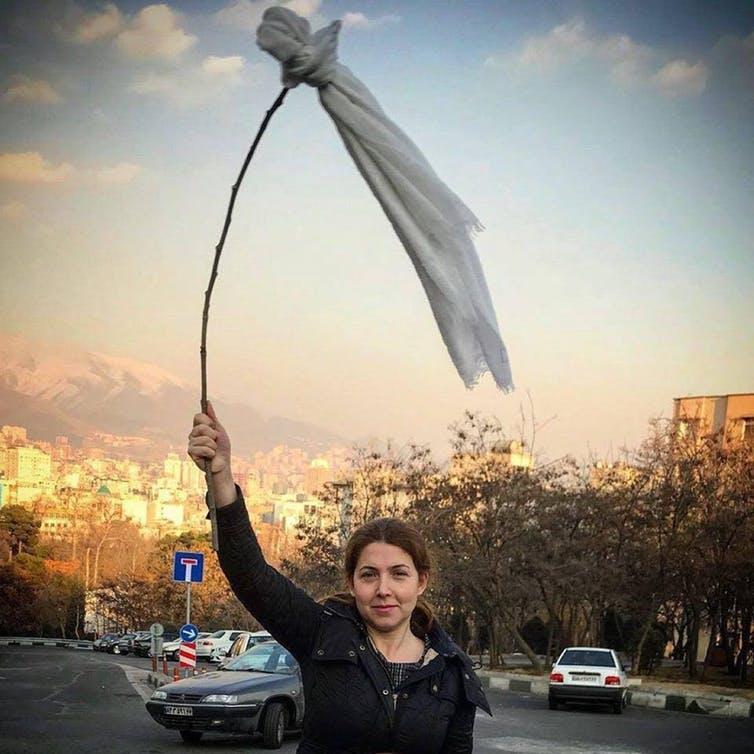 Women protest daily against their lack of bodily autonomy in Iran. The number of women making flags out of their headscarves in public spaces is increasing