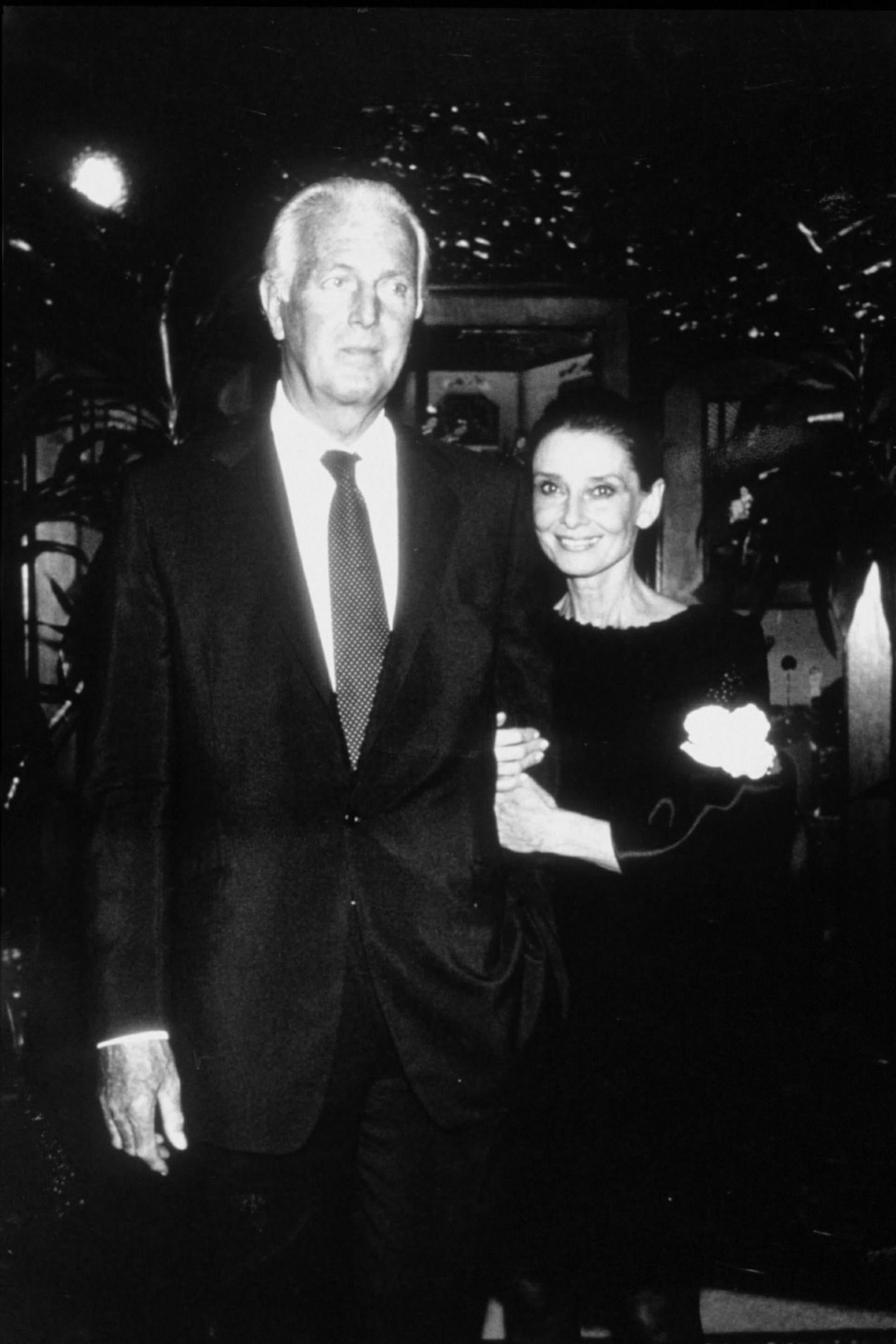 Audrey Hepburn with Hubert de Givenchy at a party in Beverly Hills, Los Angeles, April 1988 (Rex)