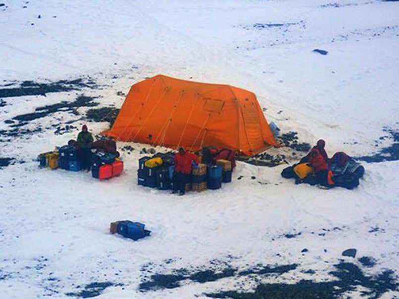 Picture taken by the Argentine Navy shows stranded American scientists on Joinville Island in Antarctica, south of the Argentine mainland.