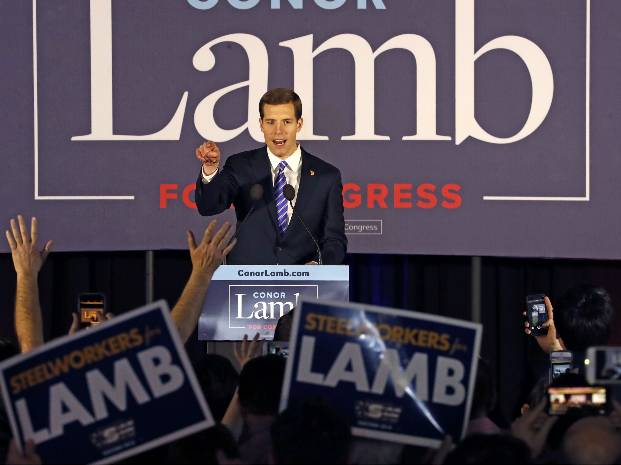 Conor Lamb, the Democratic candidate for Pennsylvania's 18th Congressional District celebrates with his supporters