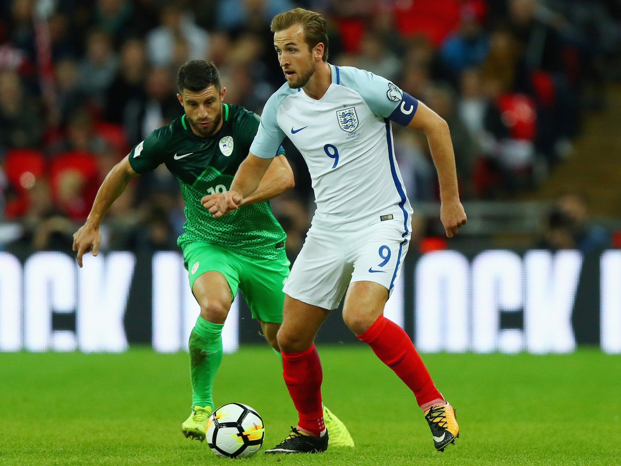 Harry Kane on the ball during the FIFA 2018 World Cup qualifier between England and Slovenia at Wembley Stadium.