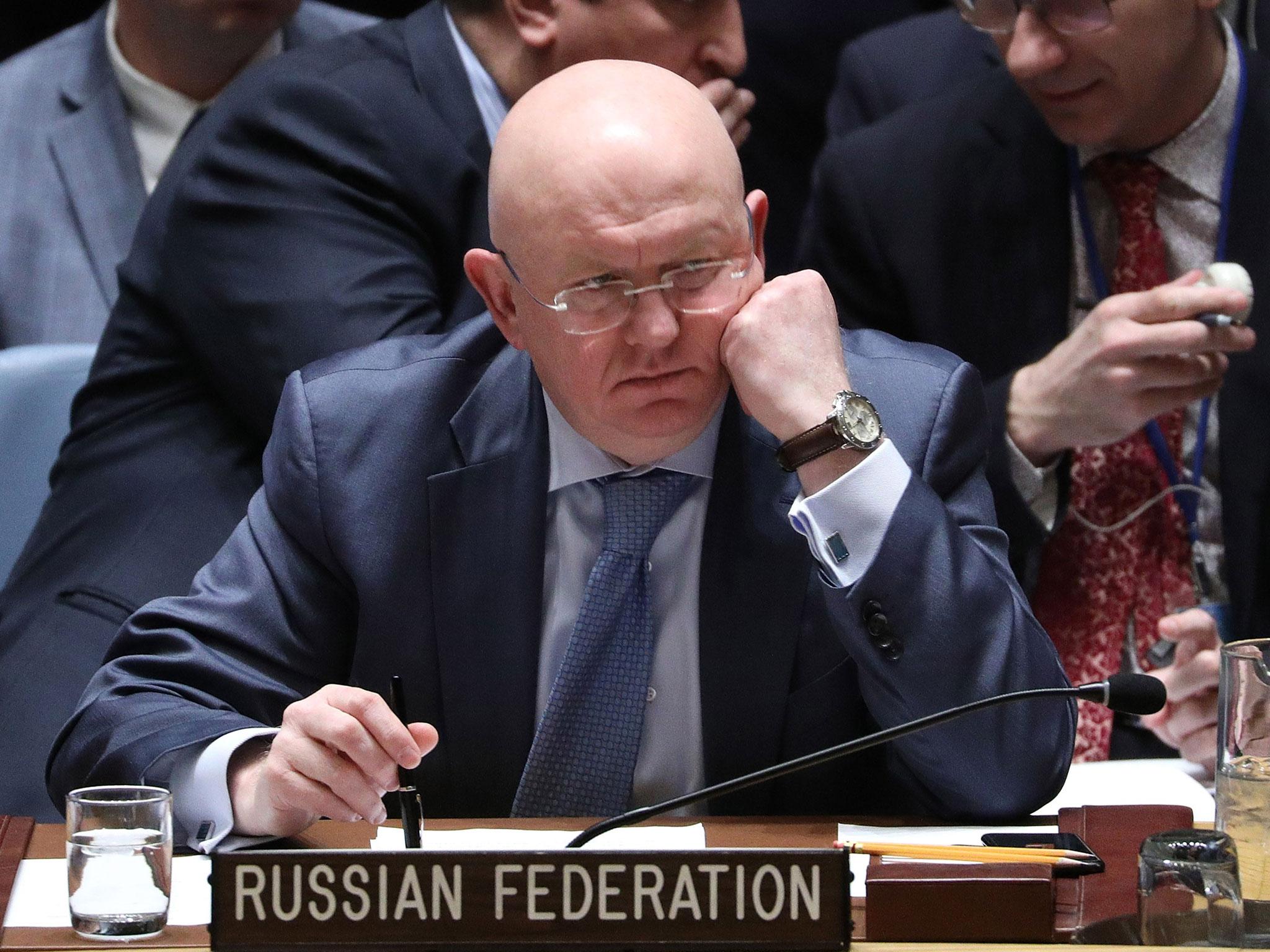 Vasily Nebenzya, Russia’s UN ambassador, speaking at the UN Security Council